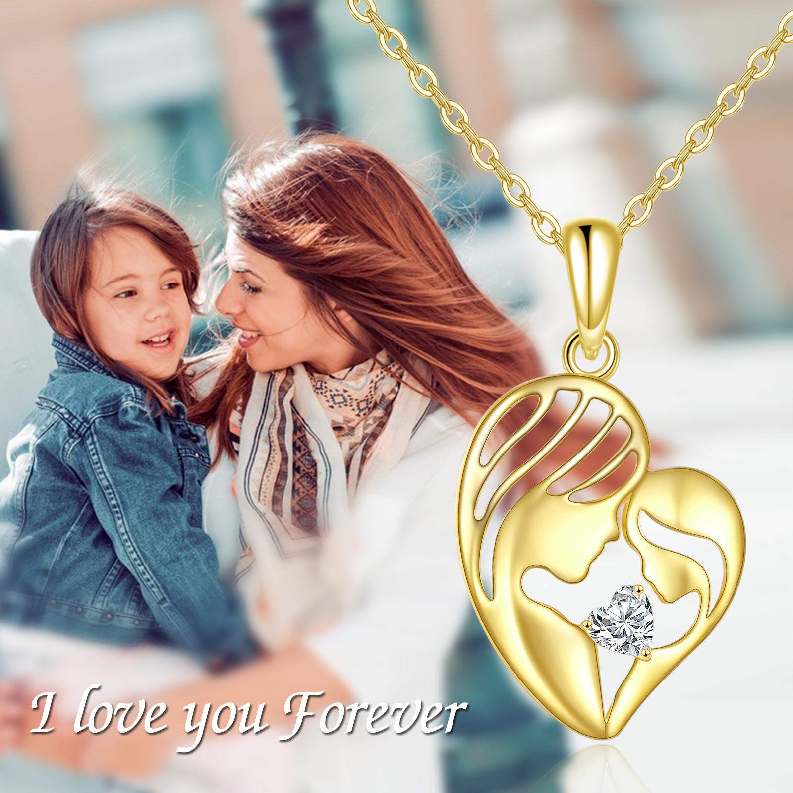 14K Gold Heart Cubic Zirconia Mother & Daughter Pendant Necklace