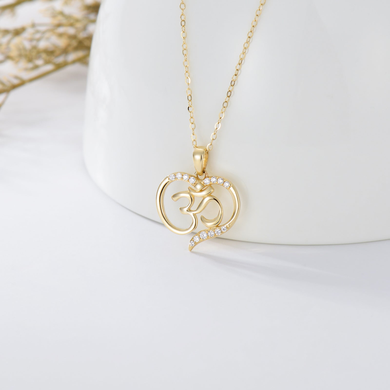 14K Gold Cubic Zirconia Heart & Ohm Pendant Necklace