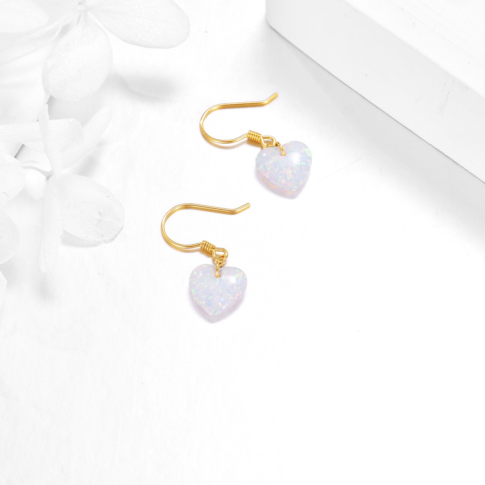 14K Gold Heart Opal Drop Earrings