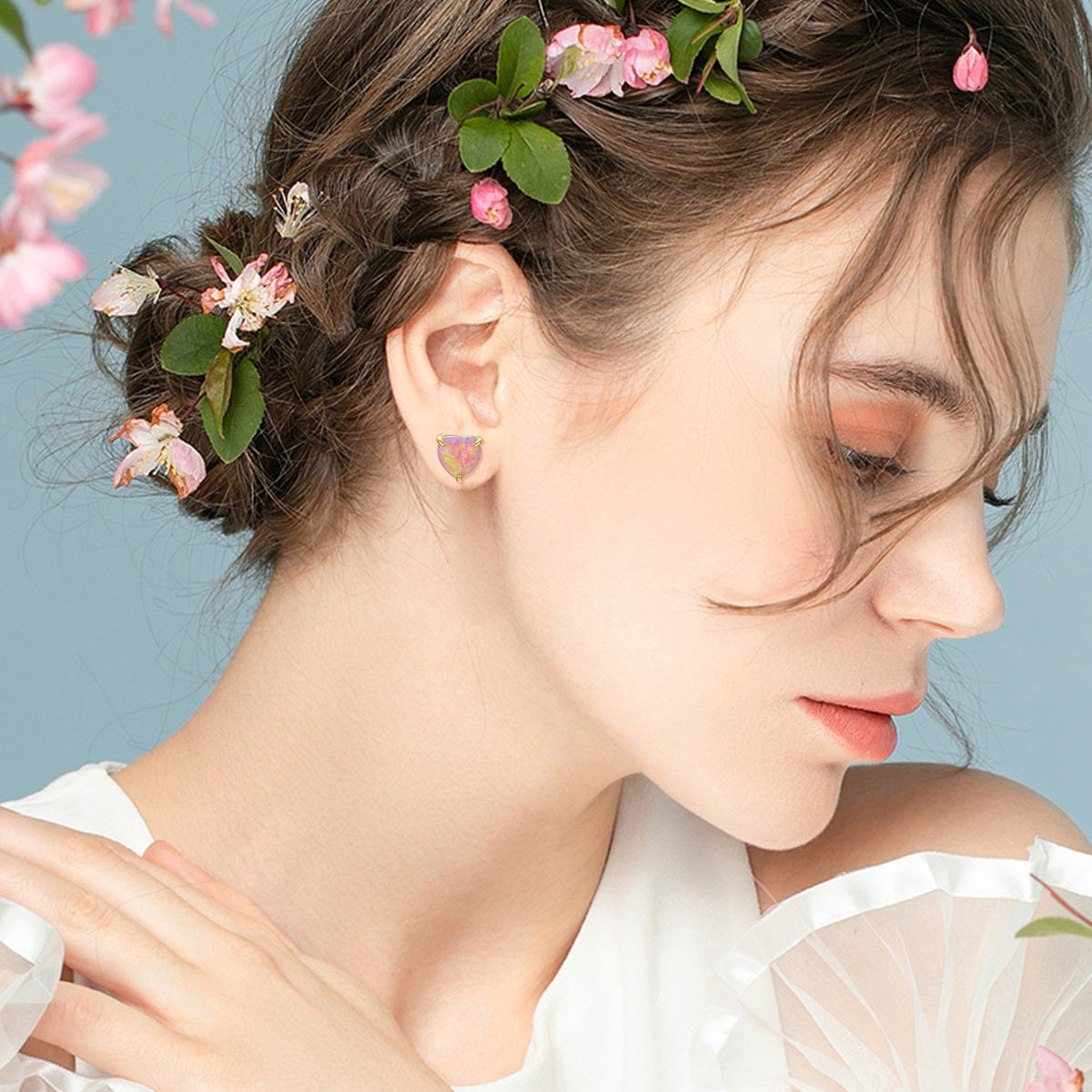 14K Gold Heart Opal Stud Earrings For Women