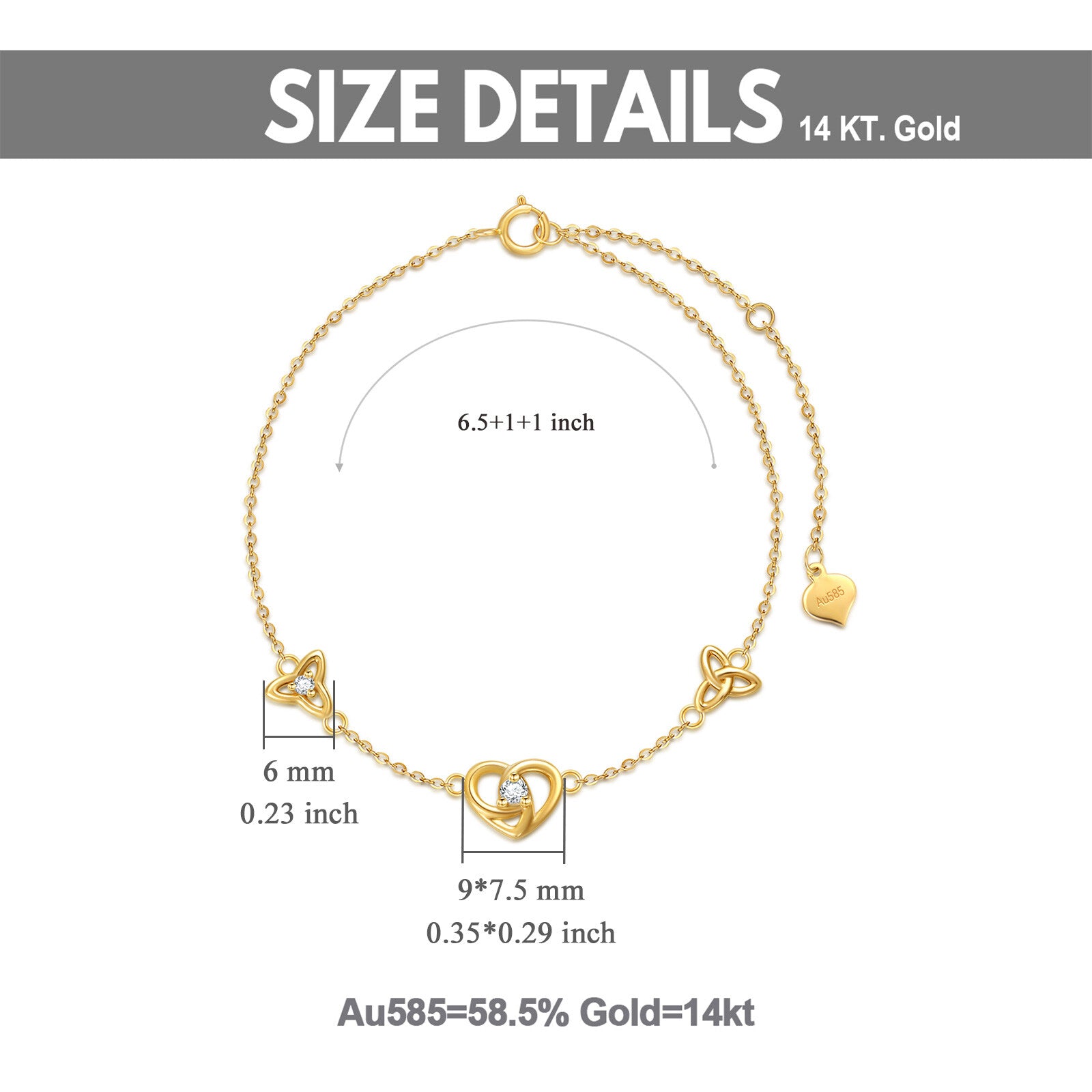 14K Gold Cubic Zirconia Heart Charm Bracelet