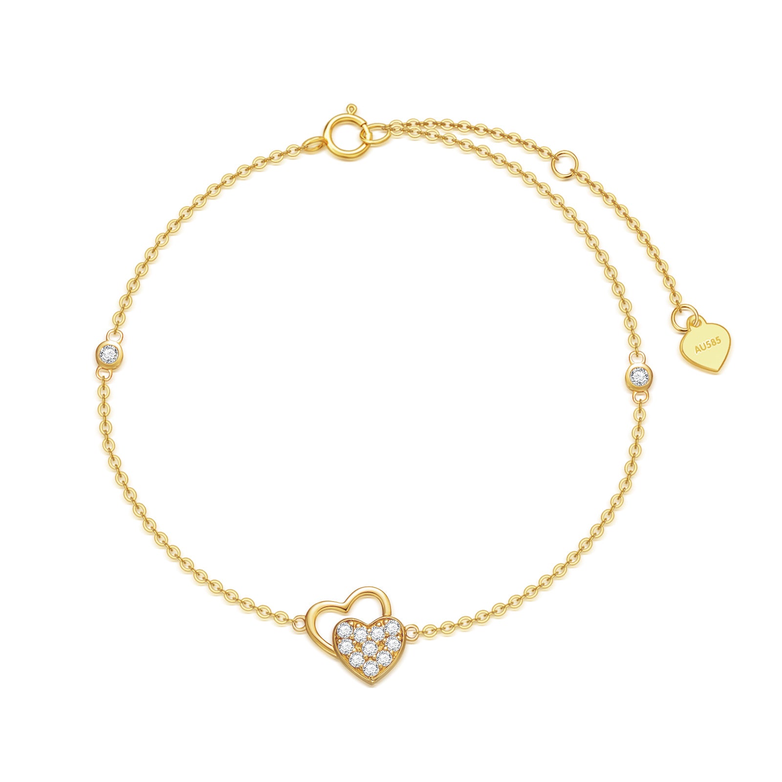 14K Gold Cubic Zirconia Heart With Heart Charm Bracelet For Women
