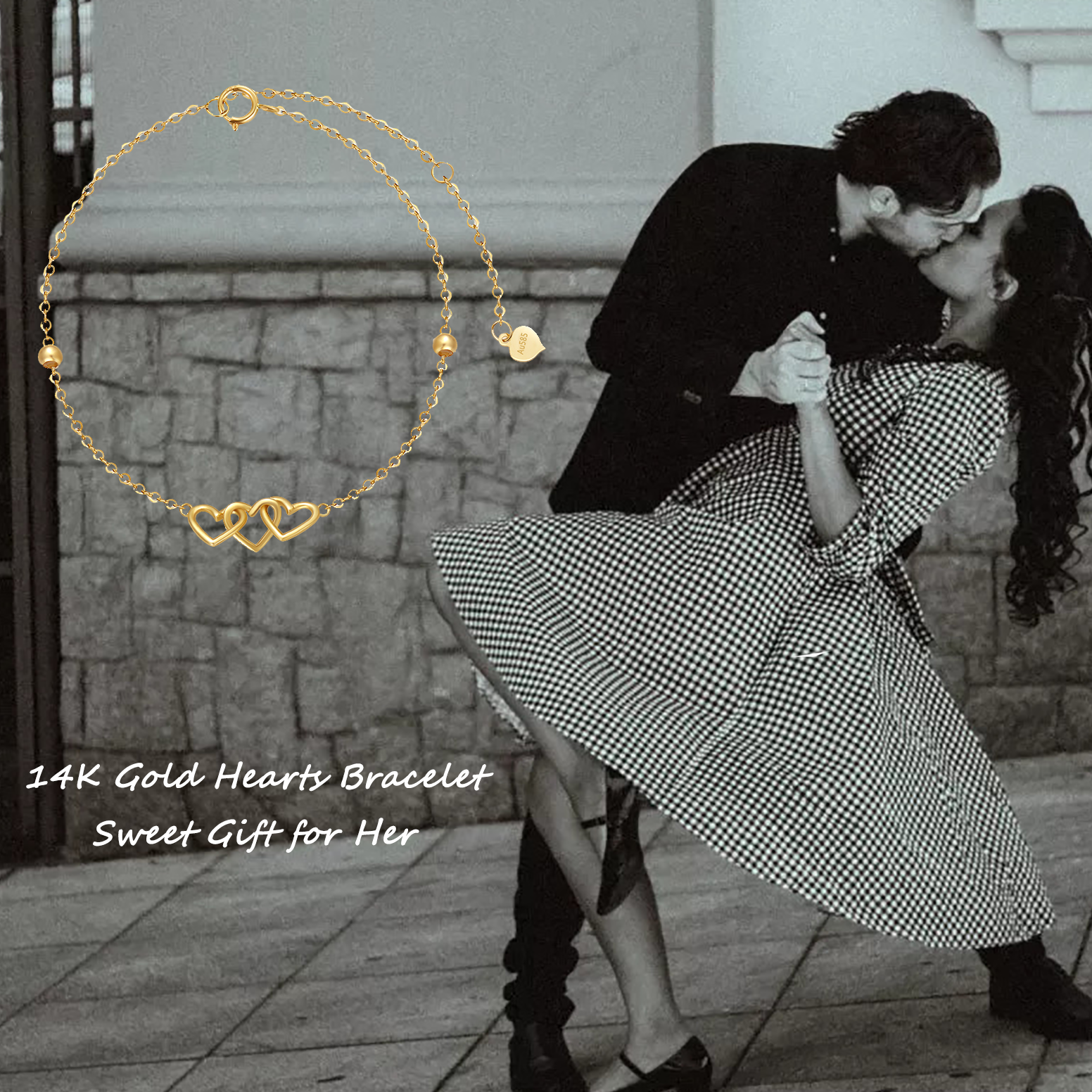 14K Gold Three Heart Charm Bracelet With Solid Gold Beads