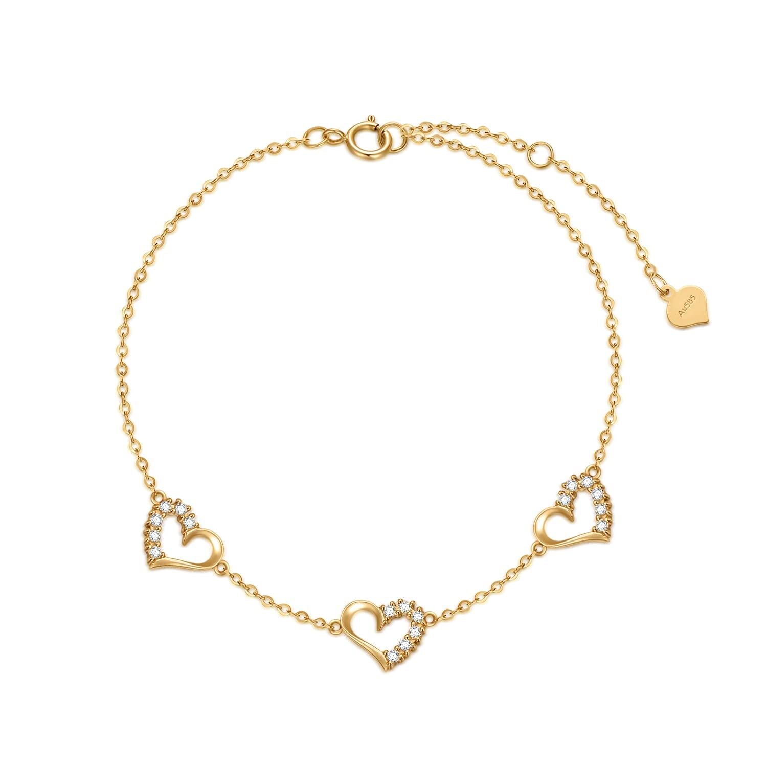 14K Gold Cubic Zirconia Heart With Heart Charm Bracelet For Women
