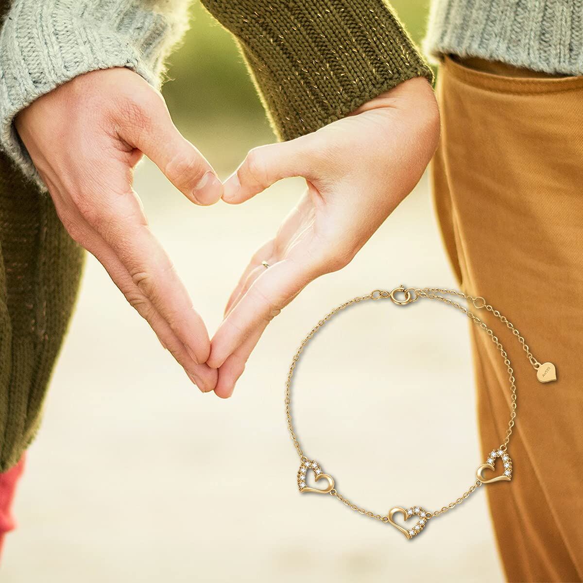 14K Gold Cubic Zirconia Heart With Heart Charm Bracelet For Women