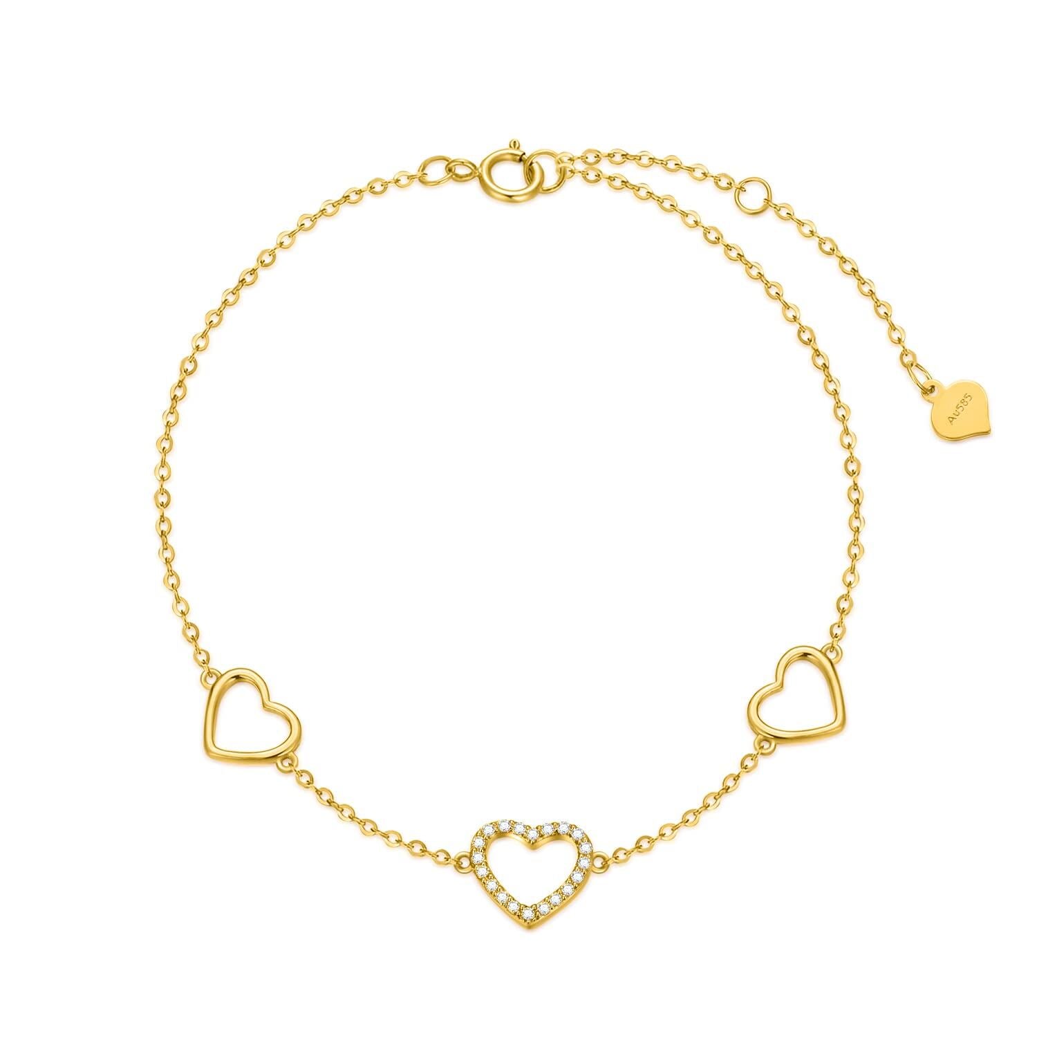 14K Gold Cubic Zirconia Heart Charm Bracelet