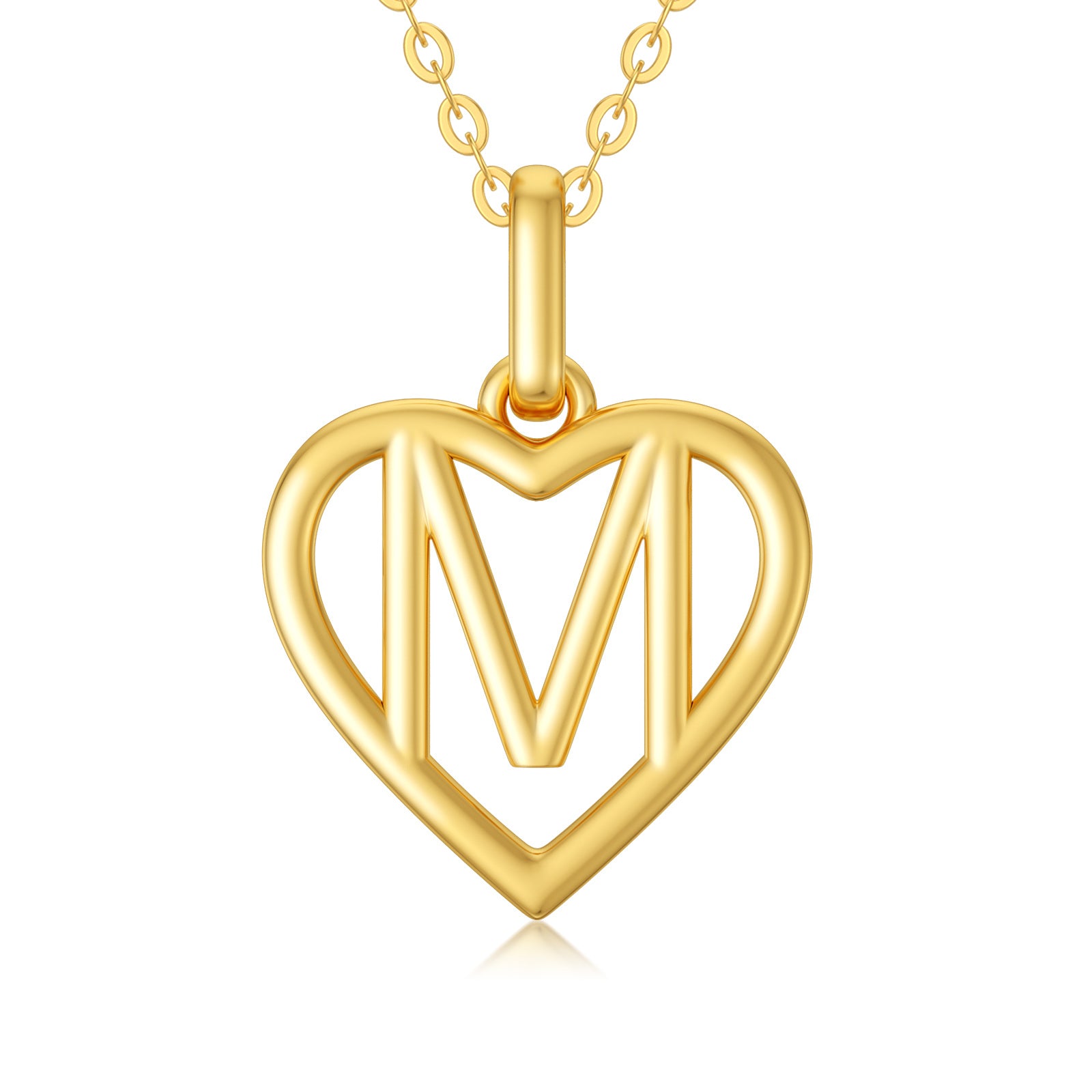 14K Gold Heart Pendant Necklace with Initial Letter M