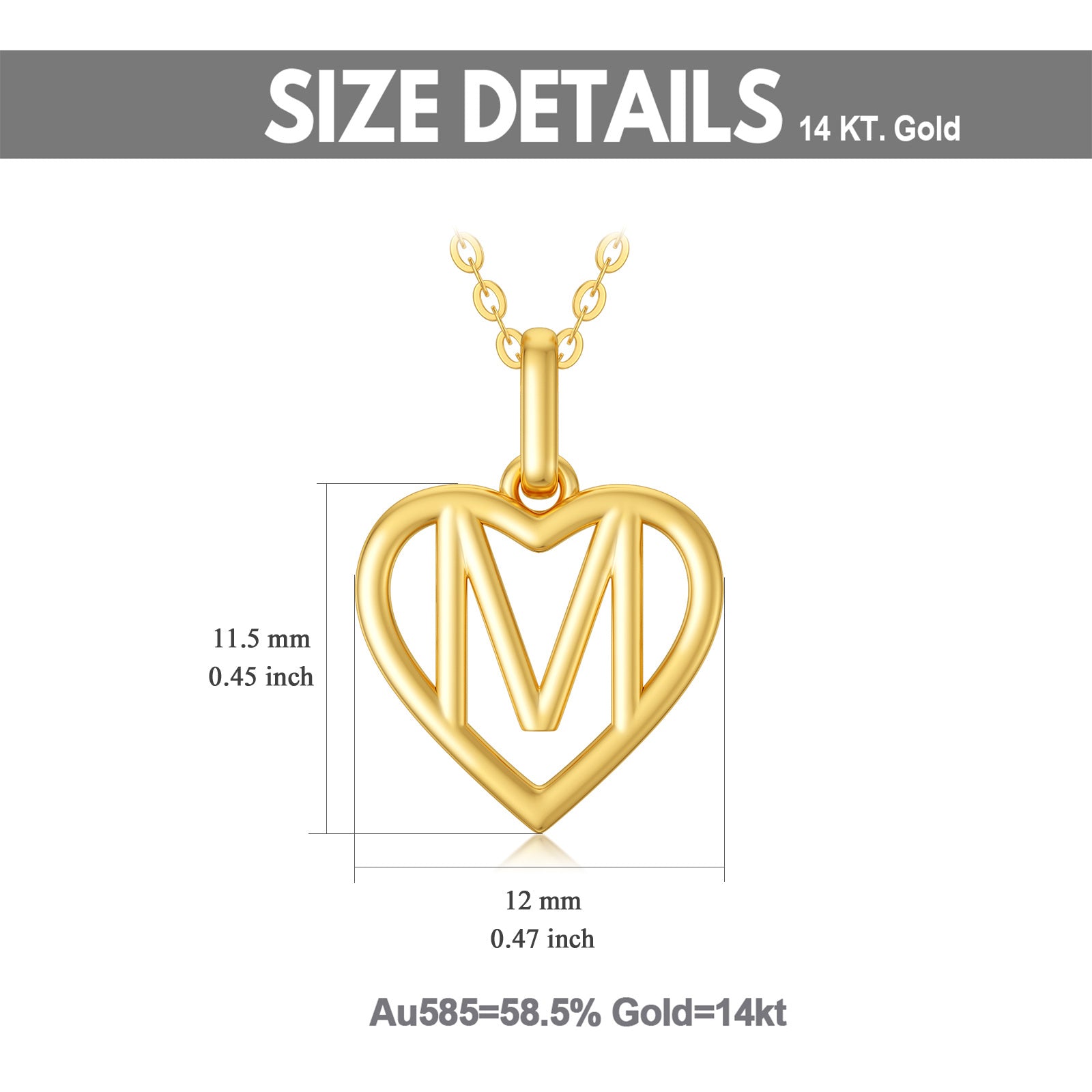 14K Gold Heart Pendant Necklace with Initial Letter M