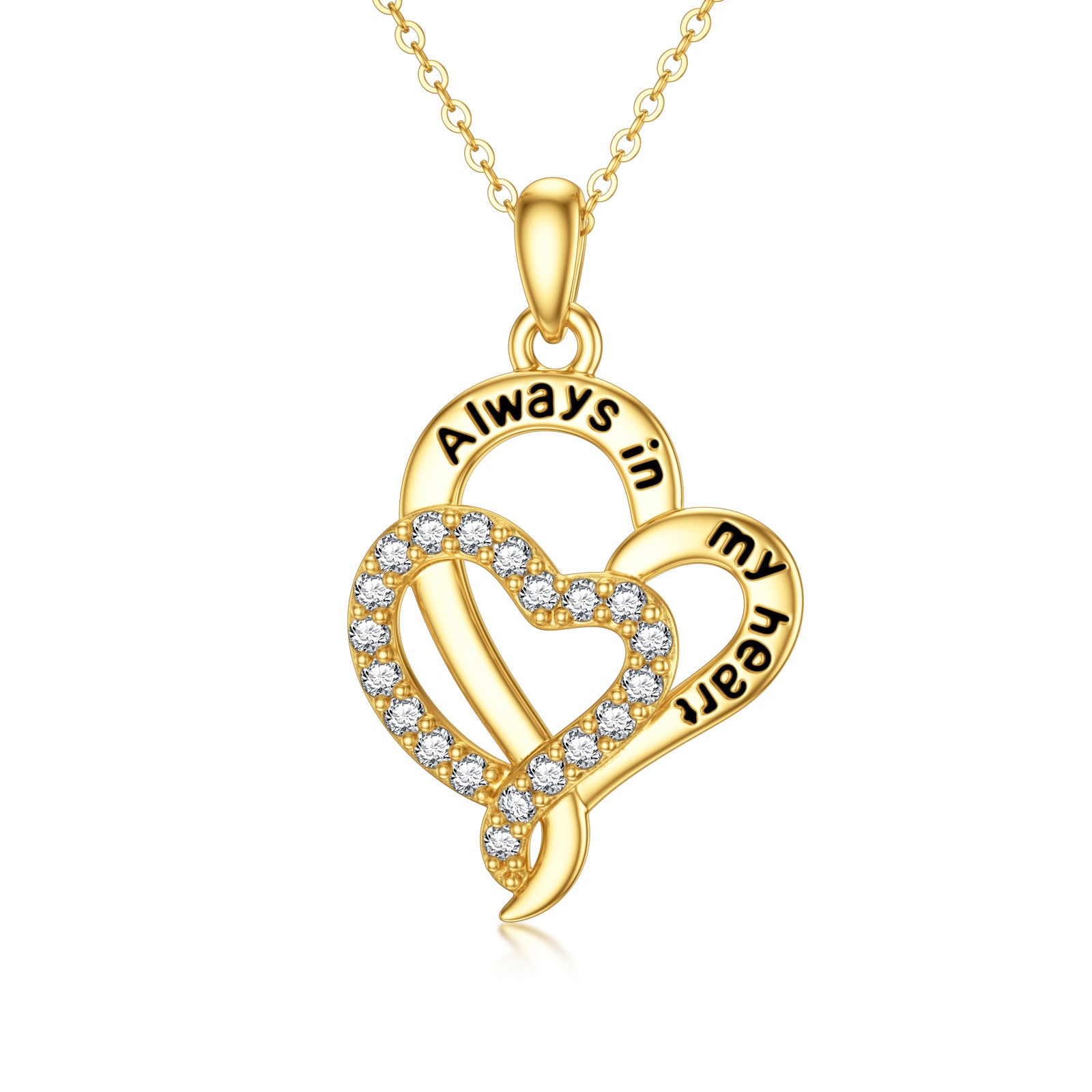 14K Gold Cubic Zirconia Heart With Heart Pendant Necklace with Engraved Word