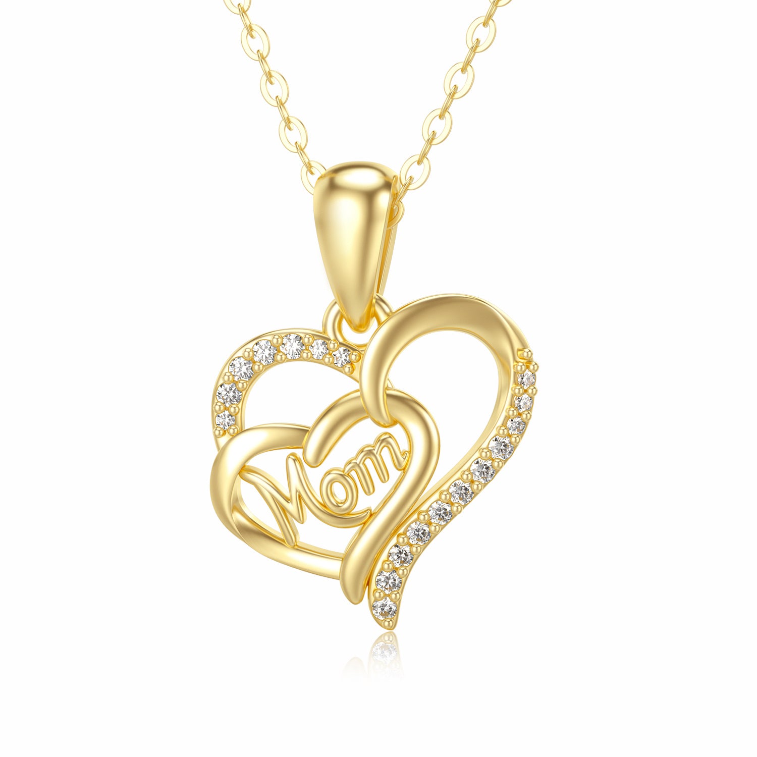 14K Gold Cubic Zirconia Heart With Heart Pendant Necklace With Engraved Word For Mother