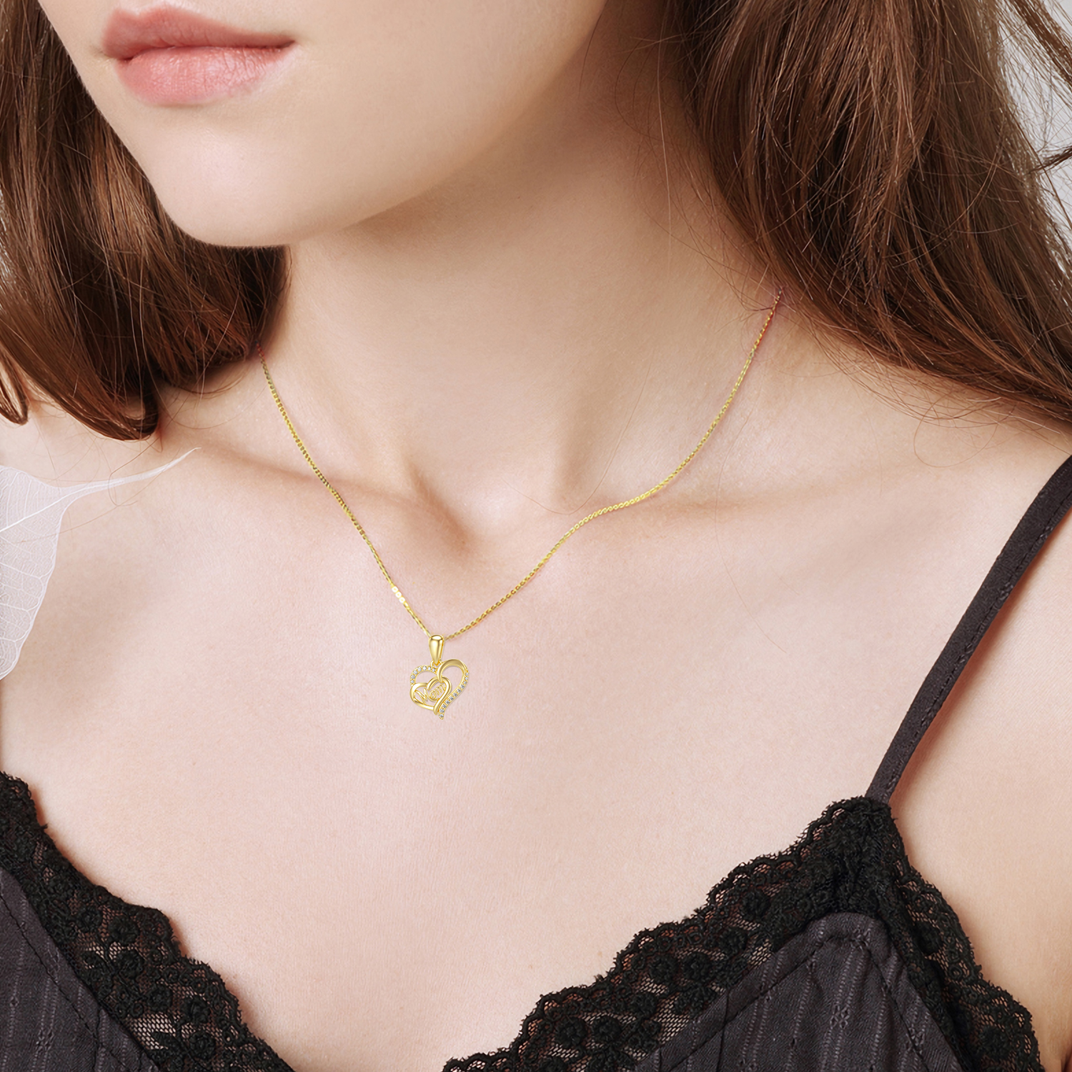 14K Gold Cubic Zirconia Heart With Heart Pendant Necklace With Engraved Word For Mother