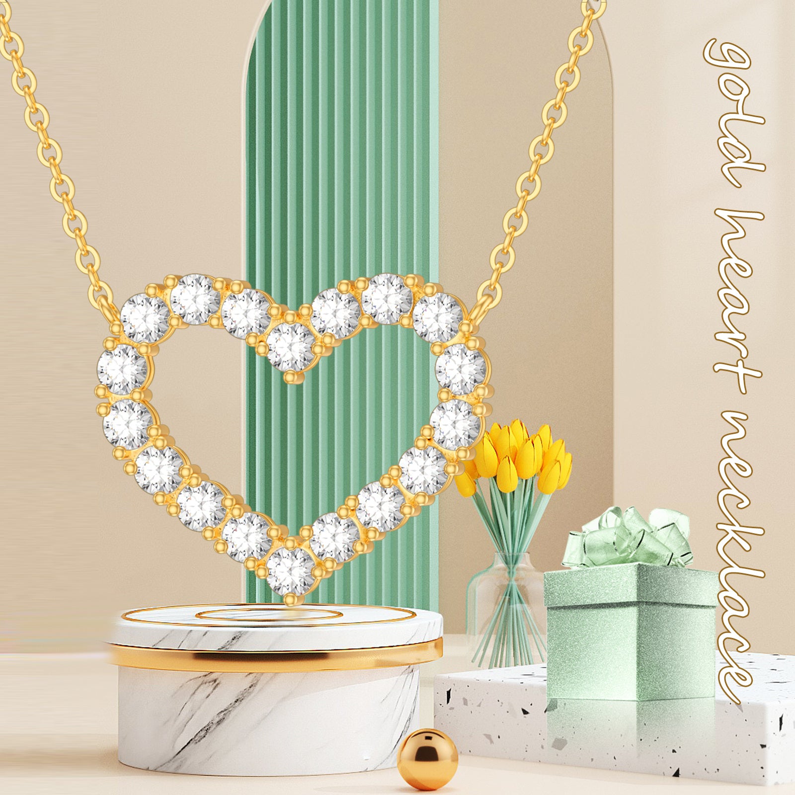 14K Gold Cubic Zirconia Heart Pendant Necklace