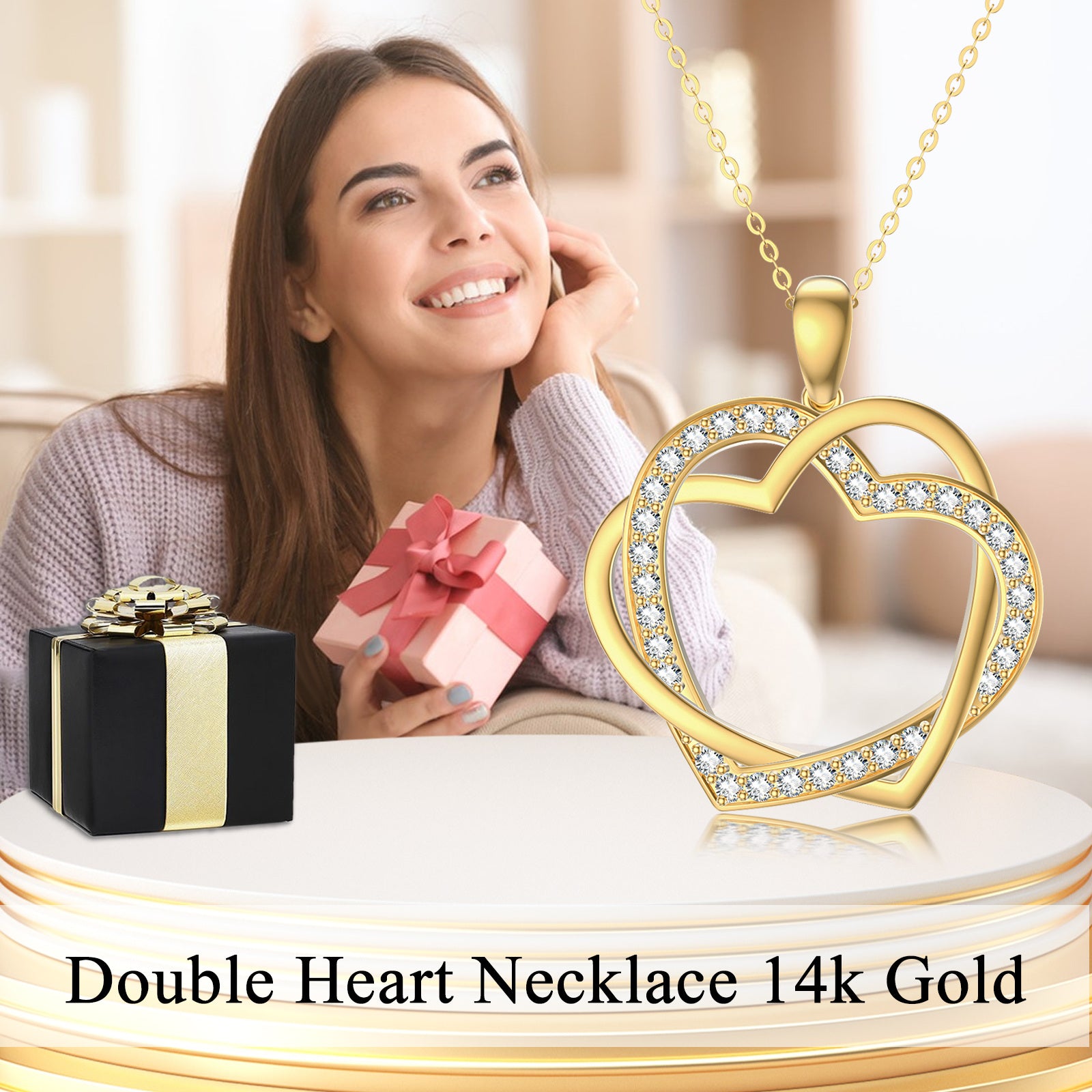14K Yellow Gold Cubic Zirconia Heart With Heart Pendant Necklace For Women