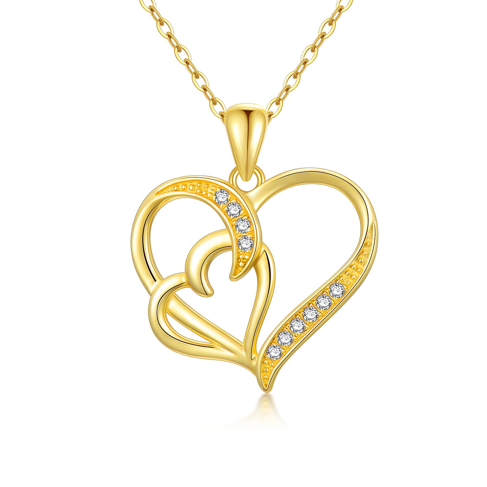 14K Gold Cubic Zirconia Heart With Heart Pendant Necklace For Women
