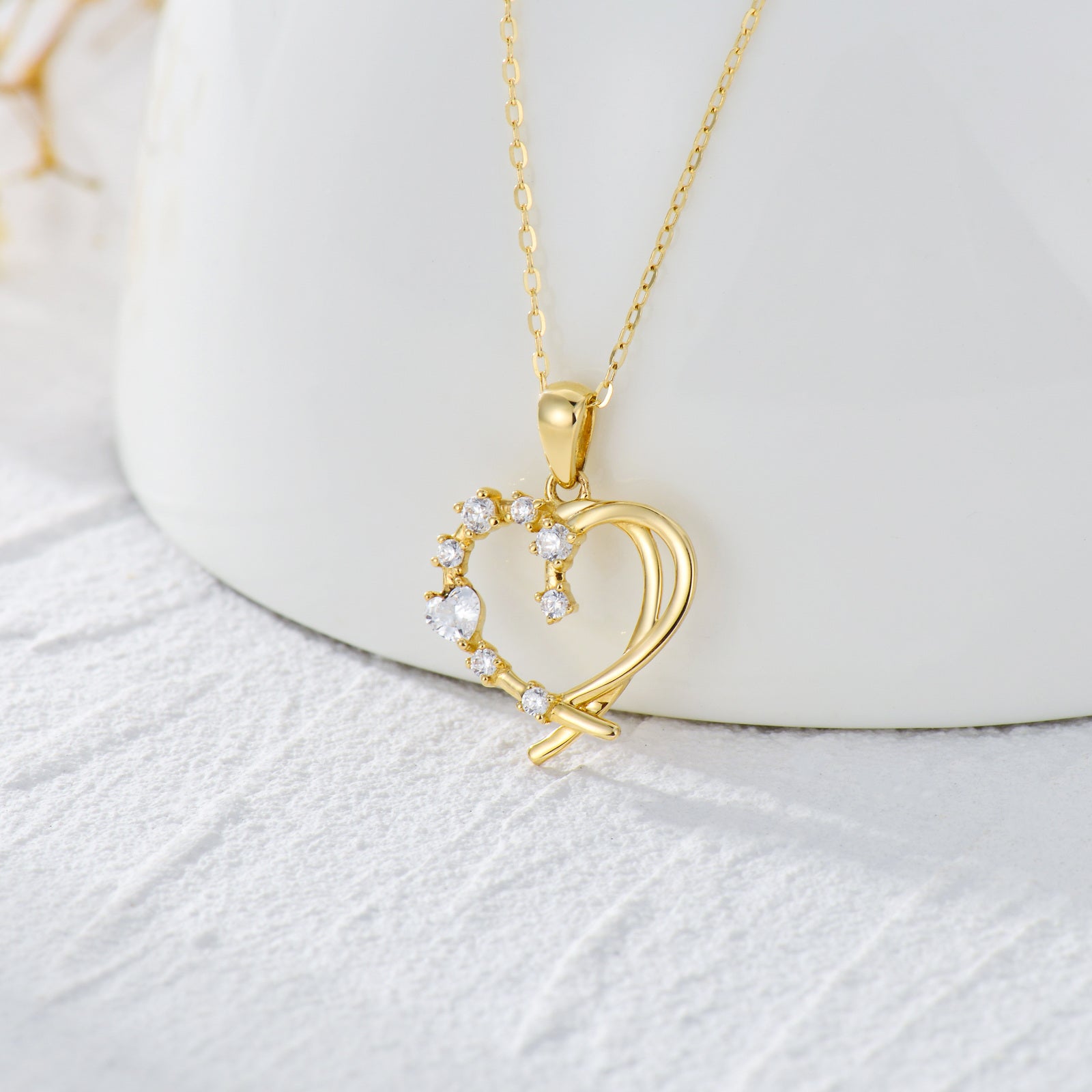 14K Yellow Gold Cubic Zirconia Heart With Heart Pendant Necklace For Women