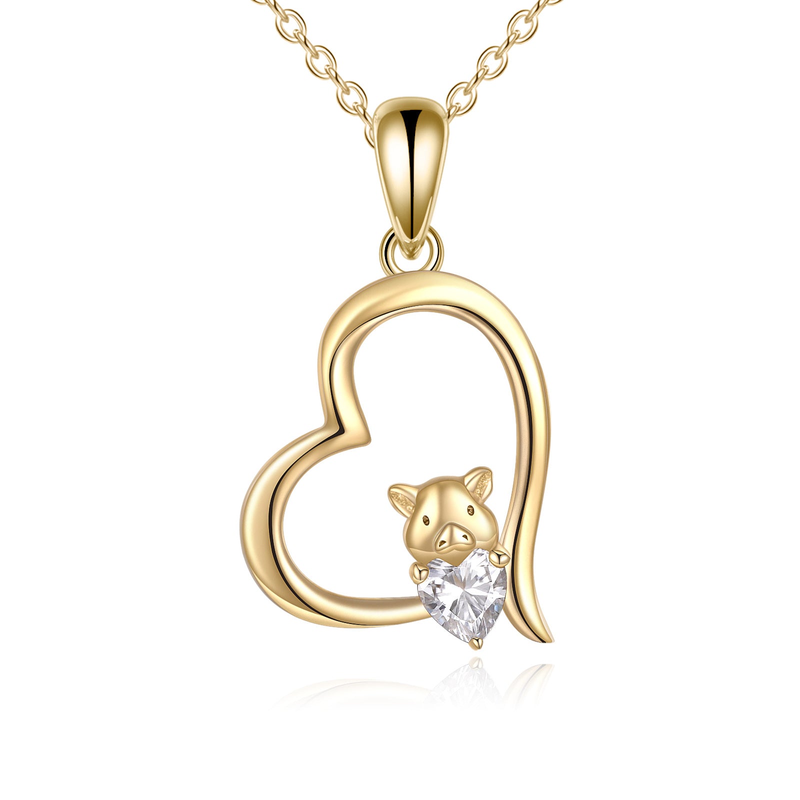 14K Gold Heart Cubic Zirconia Pig Pendant Necklace For Women