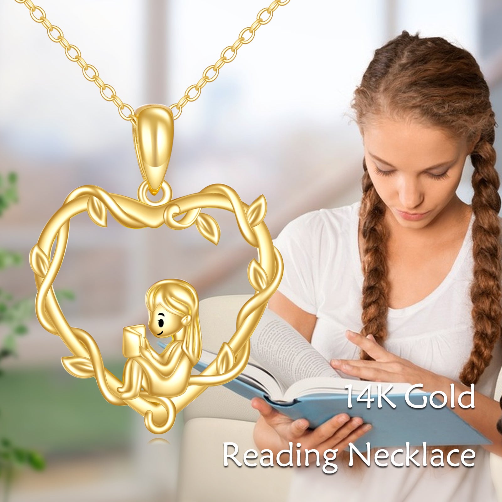14K Gold Heart & Reading Girl Pendant Necklace