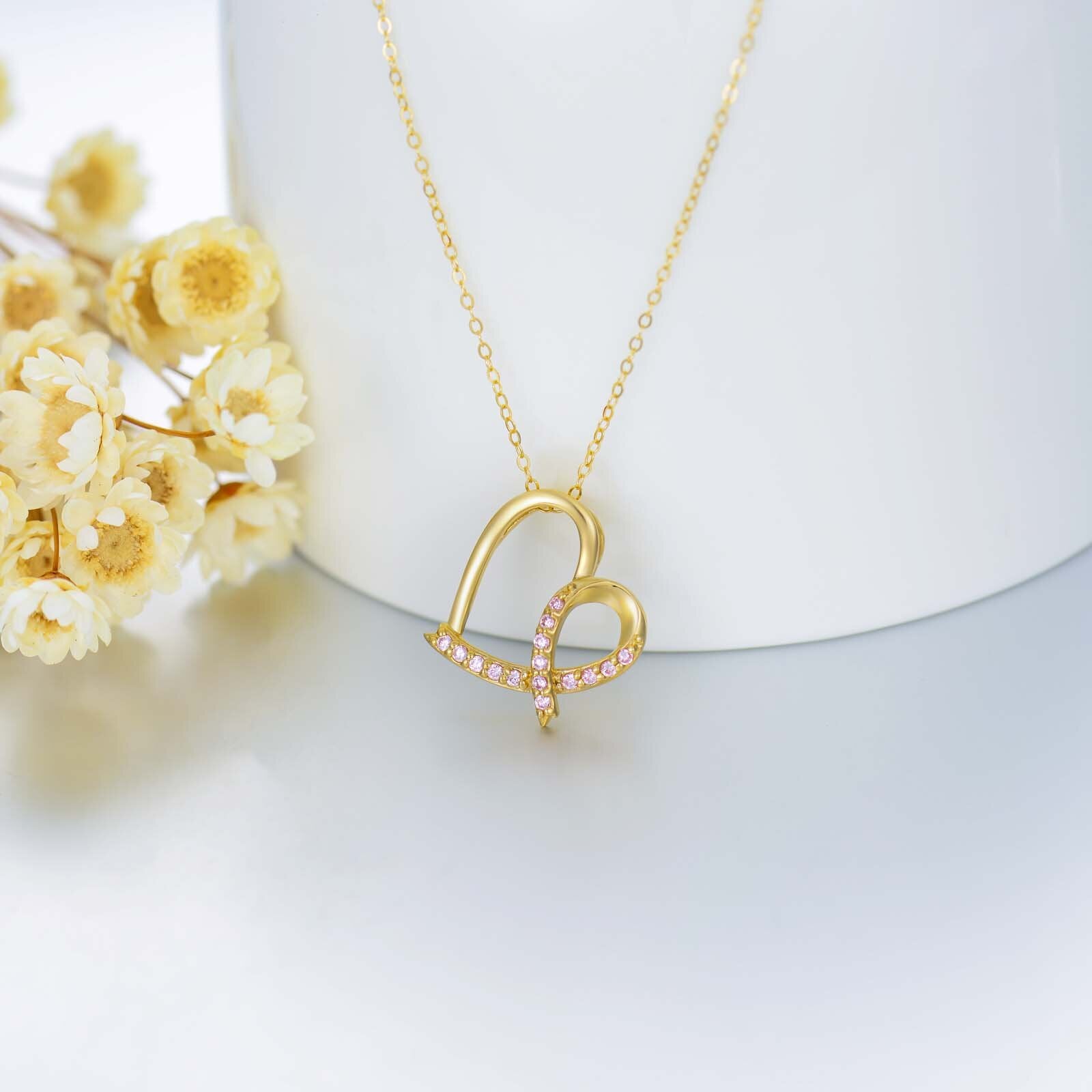 14K Gold Cubic Zirconia Heart & Ribbon Pendant Necklace