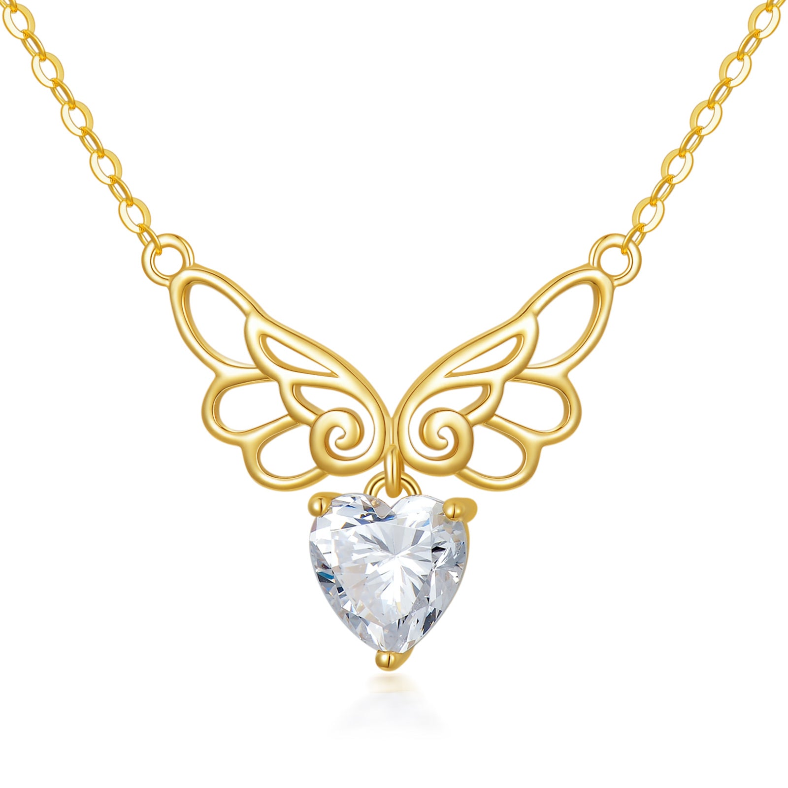 14K Gold Heart Shaped Cubic Zirconia Angel Wing Pendant Necklace