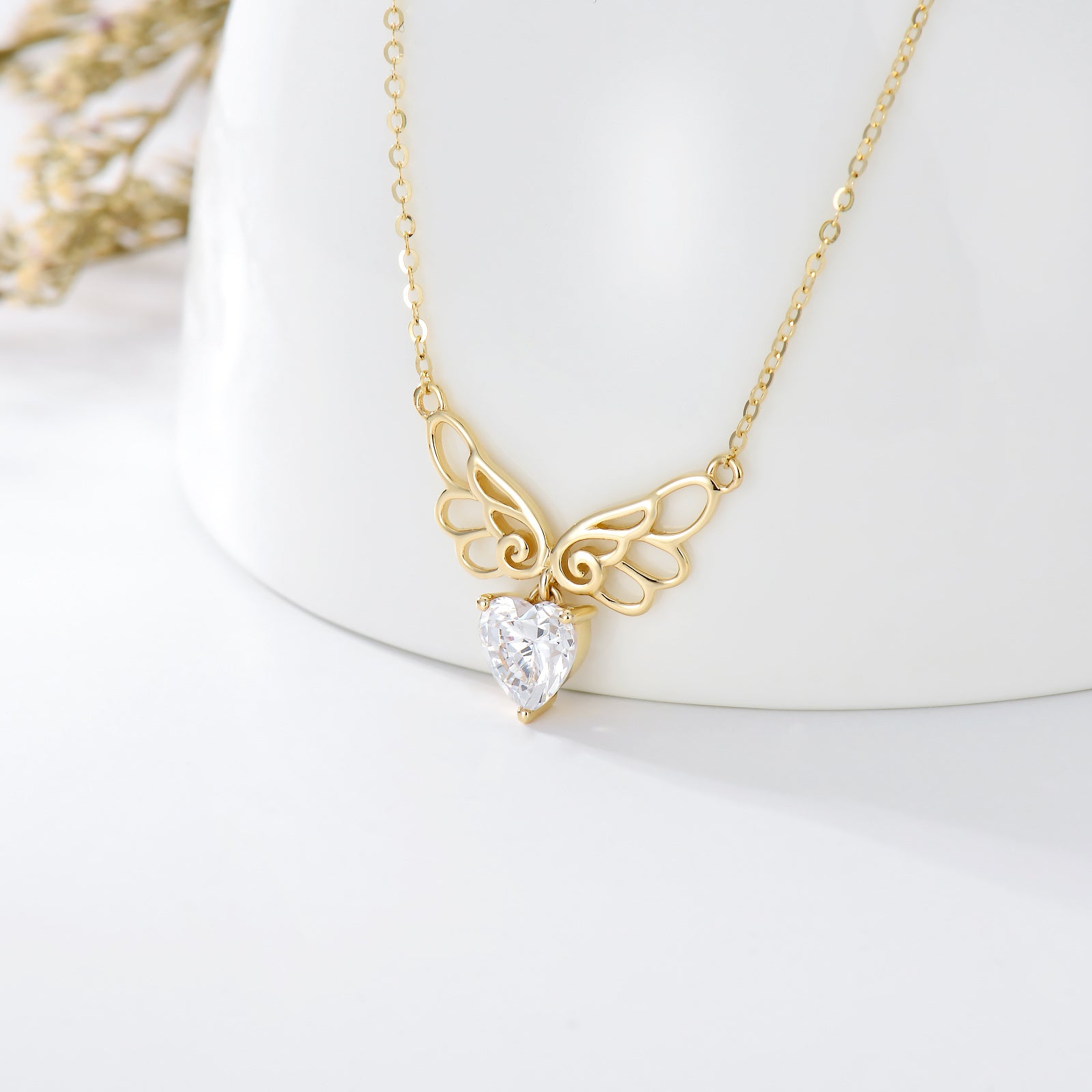 14K Gold Heart Shaped Cubic Zirconia Angel Wing Pendant Necklace