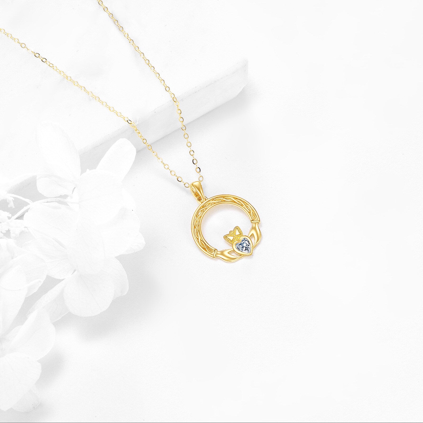 14K Gold Heart Cubic Zirconia Celtic Knot Pendant Necklace For Women