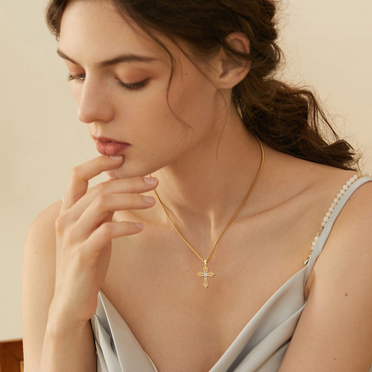 14K Gold Heart Shaped Cubic Zirconia Cross Pendant Necklace