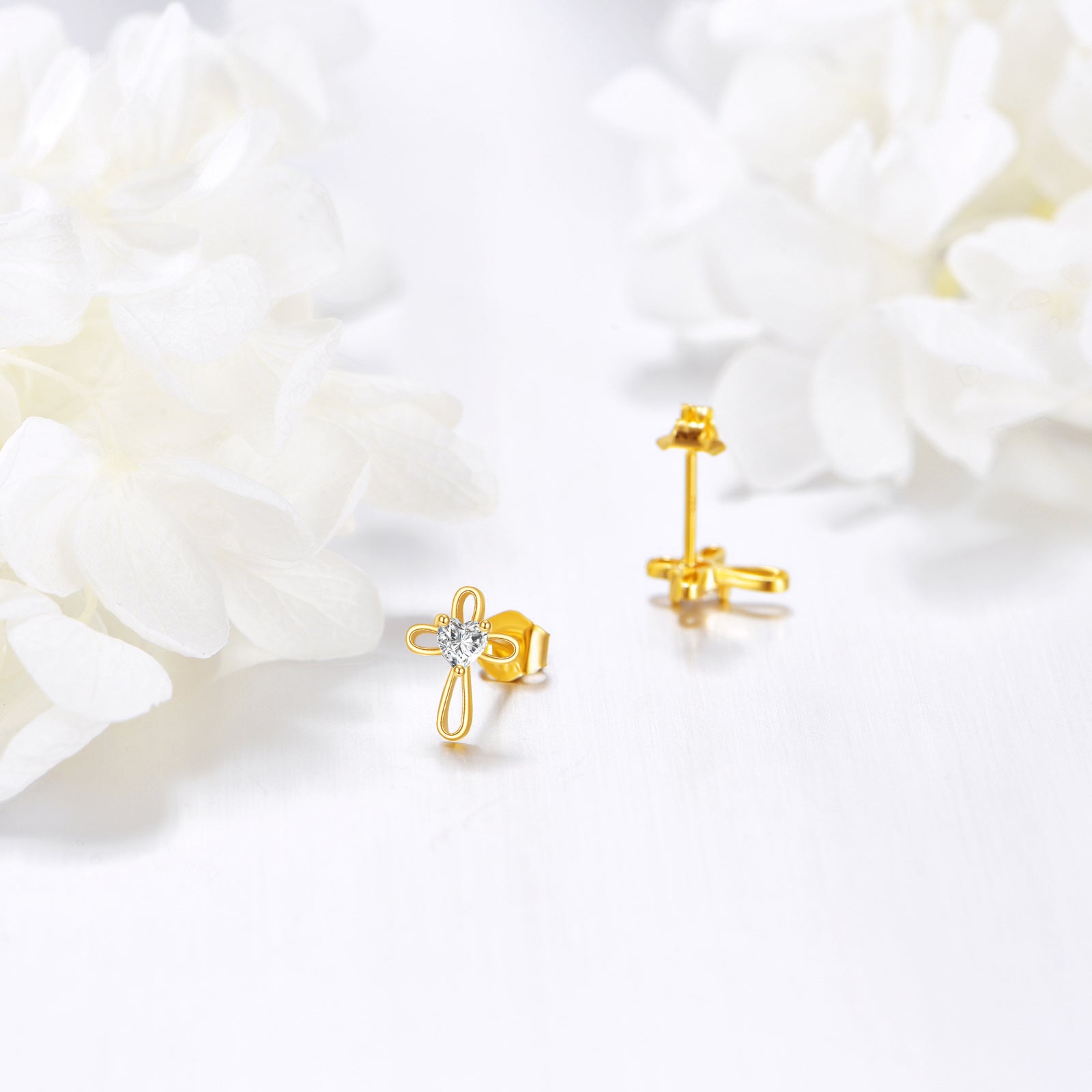14K Gold Heart Shaped Cubic Zirconia Cross Stud Earrings