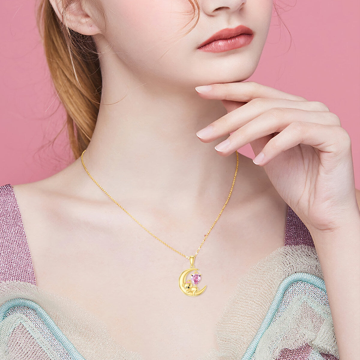 14K Gold Heart Shaped Crystal Bear & Moon Pendant Necklace