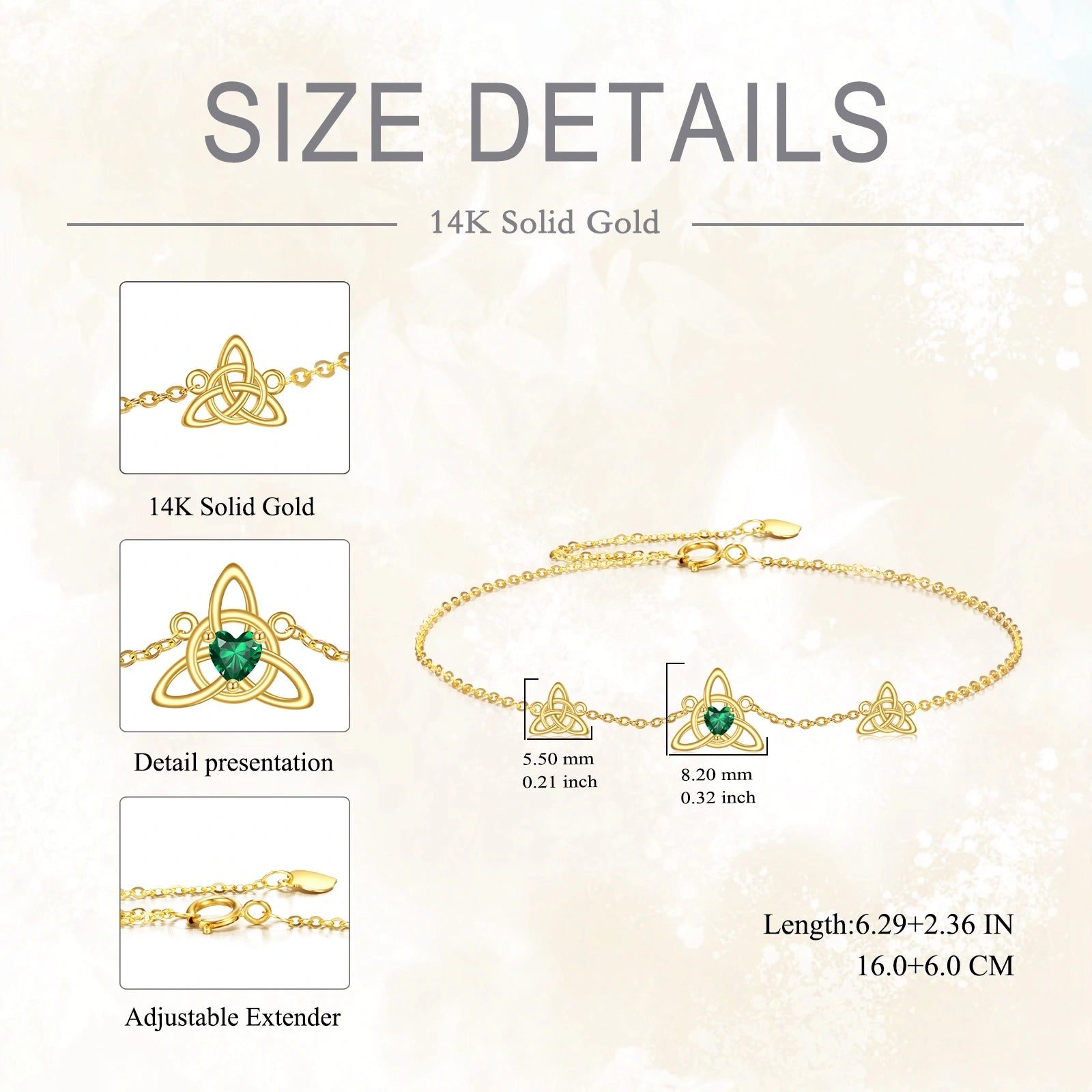 14K Gold Heart Shaped Crystal Celtic Knot Charm Bracelet