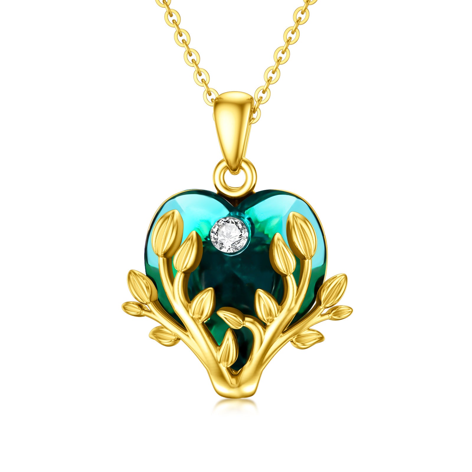 9K Gold Heart Shaped Crystal Tree Of Life Pendant Necklace