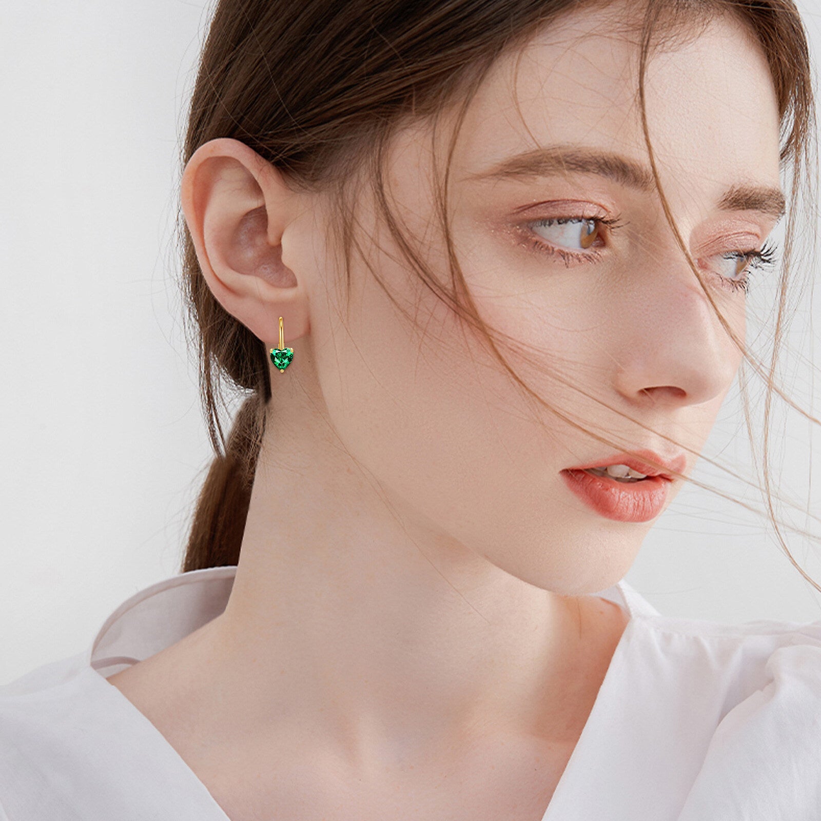 Sterling Silver with Yellow Gold Plated Heart Cut Emerald Heart Lever-back Earrings