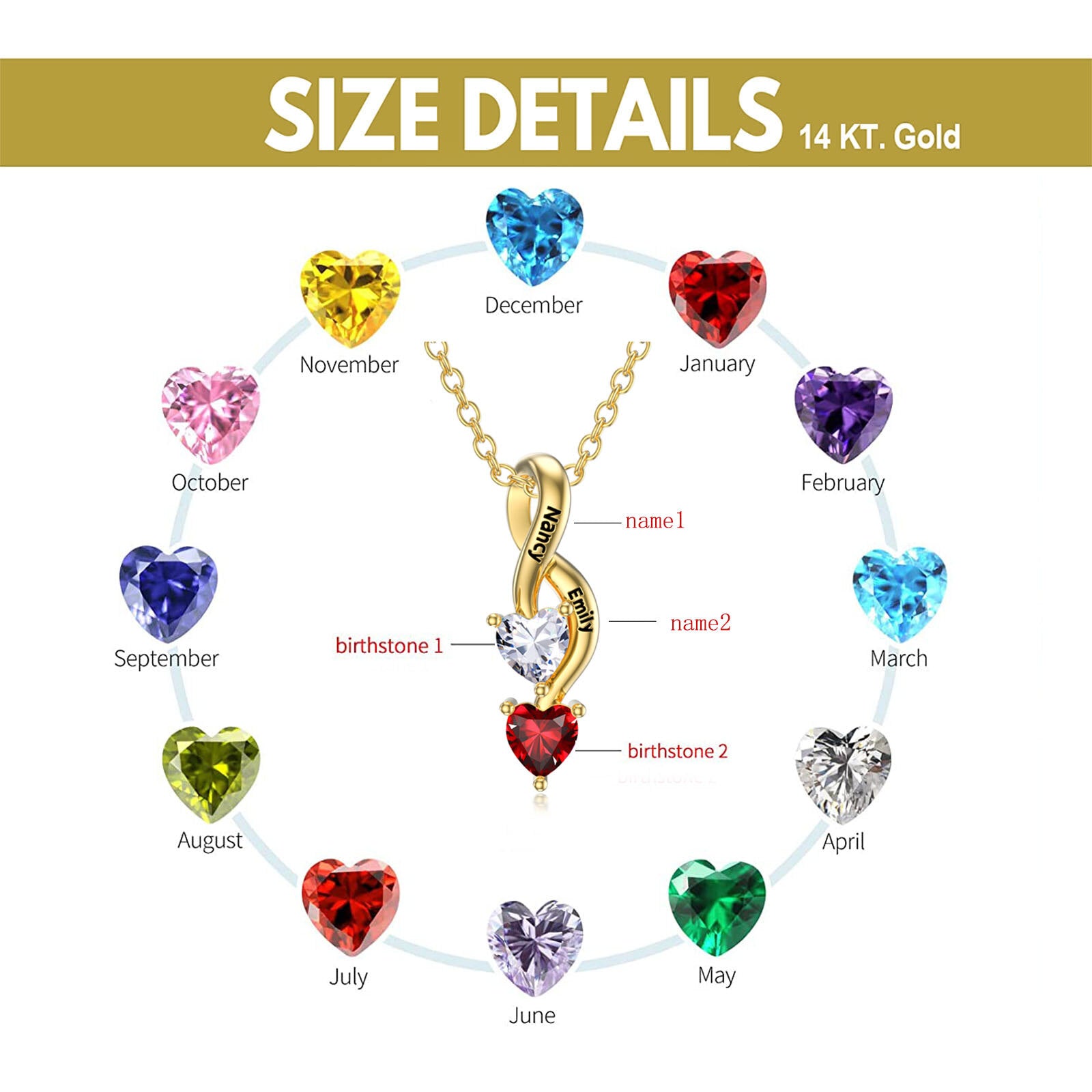 Sterling Silver with Gold Plated Heart Cut Cubic Zirconia Personalized Birthstone & Personalized Engraving & Infinity Symbol Pendant Necklace