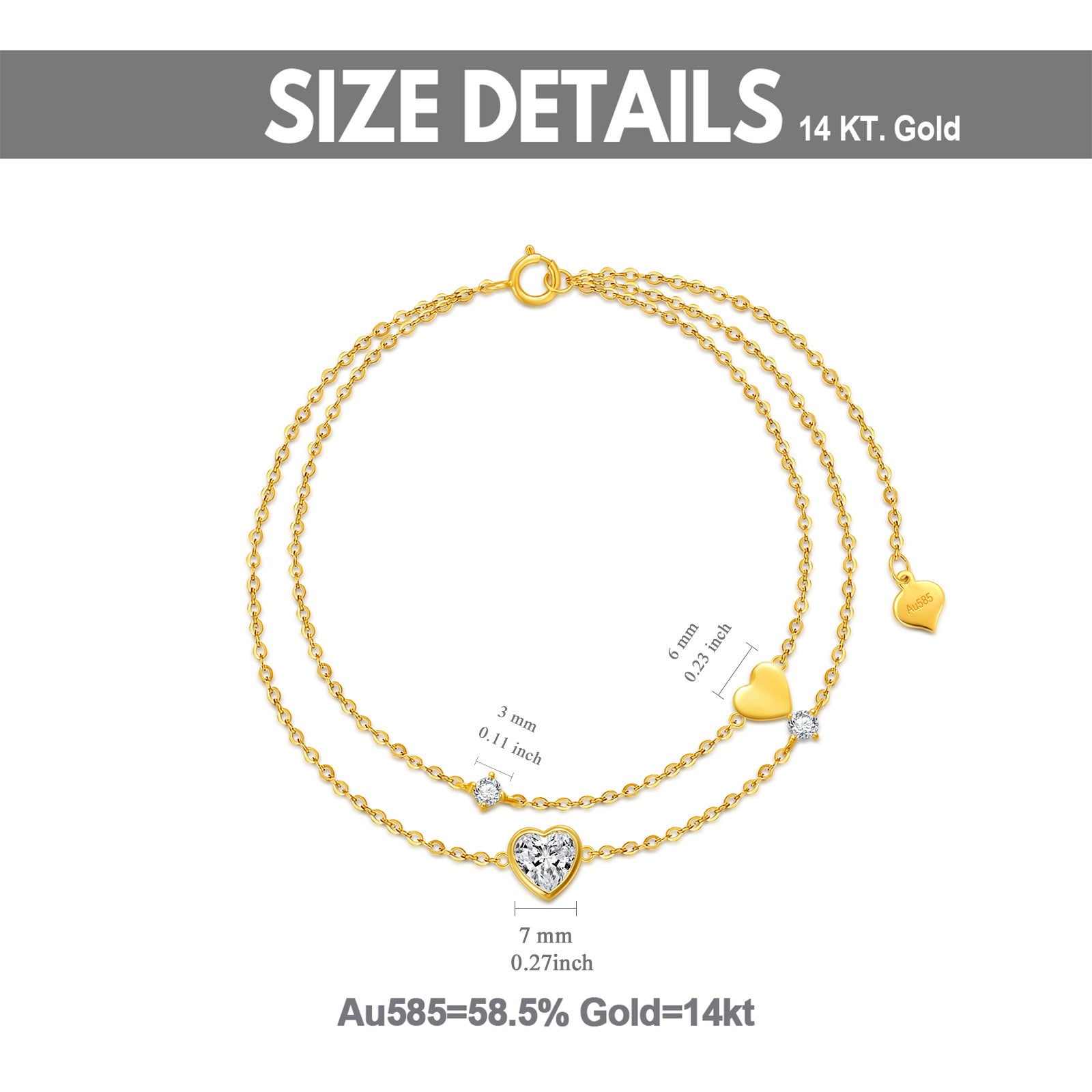 14K Gold Heart Cubic Zirconia Layerered Bracelet For Women