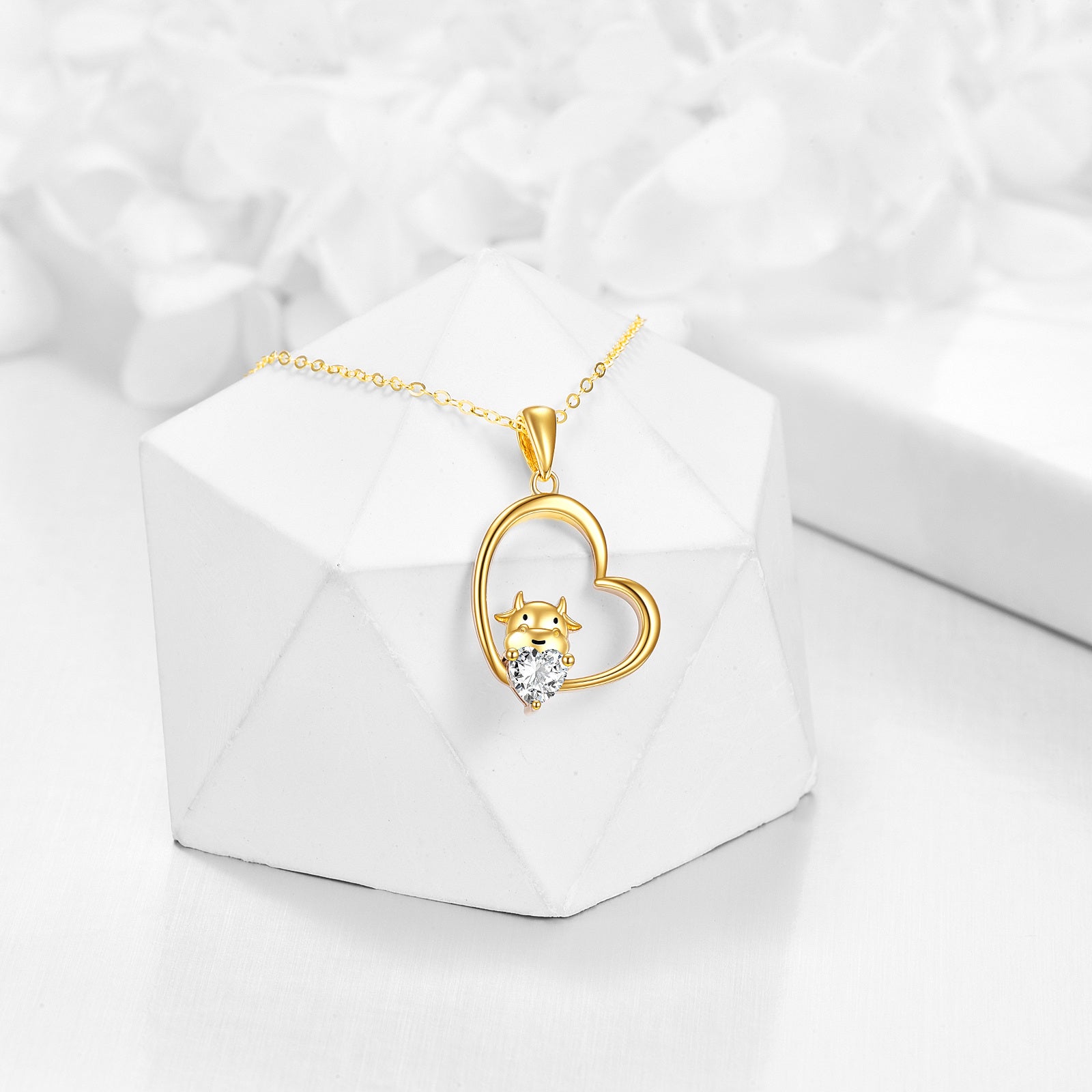 14K Gold Heart Moissanite Cow Pendant Necklace For Women