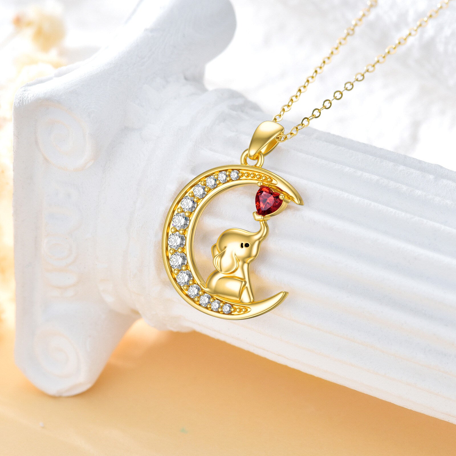 14K Gold Heart Shaped Moissanite Elephant & Moon Pendant Necklace