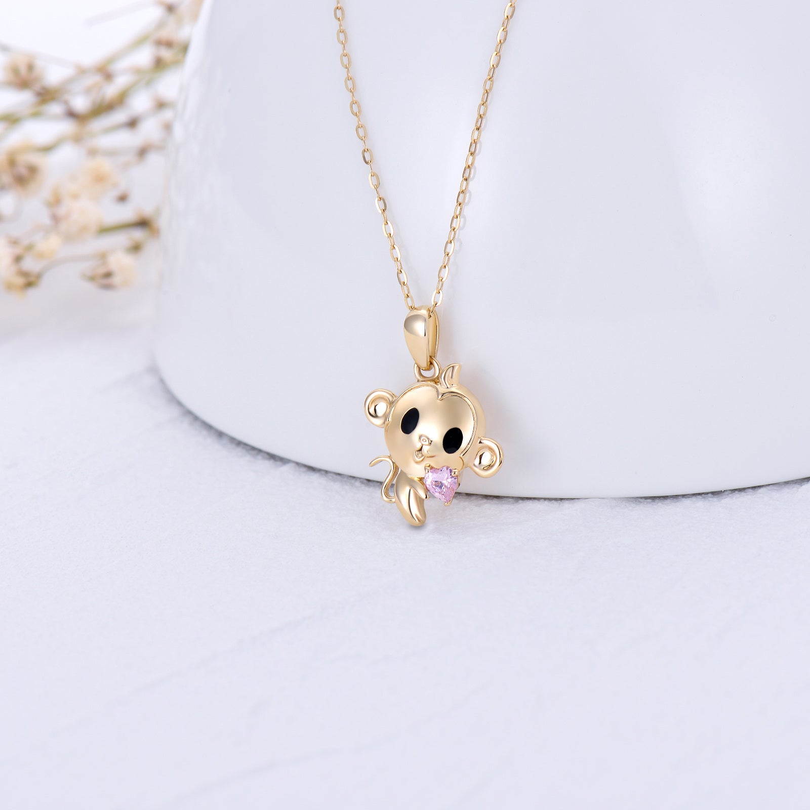 14K Gold Heart Shaped Cubic Zirconia Monkey Pendant Necklace