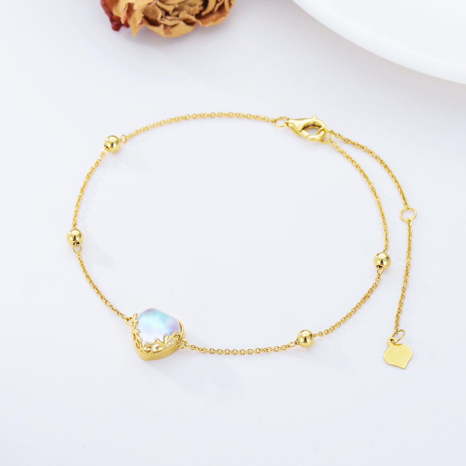 14K Gold Heart Moonstone Charm Bracelet For Women