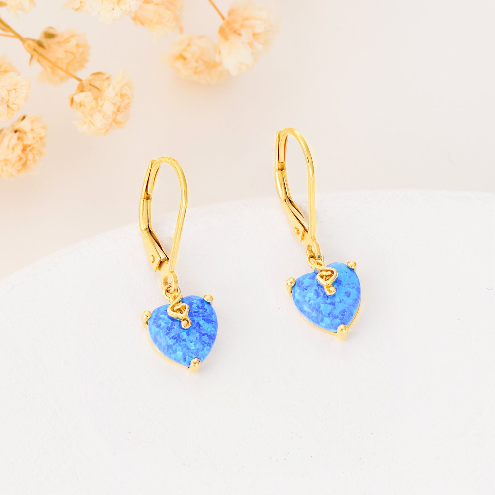 14K Gold Heart Opal Lever-Back Earrings For Women