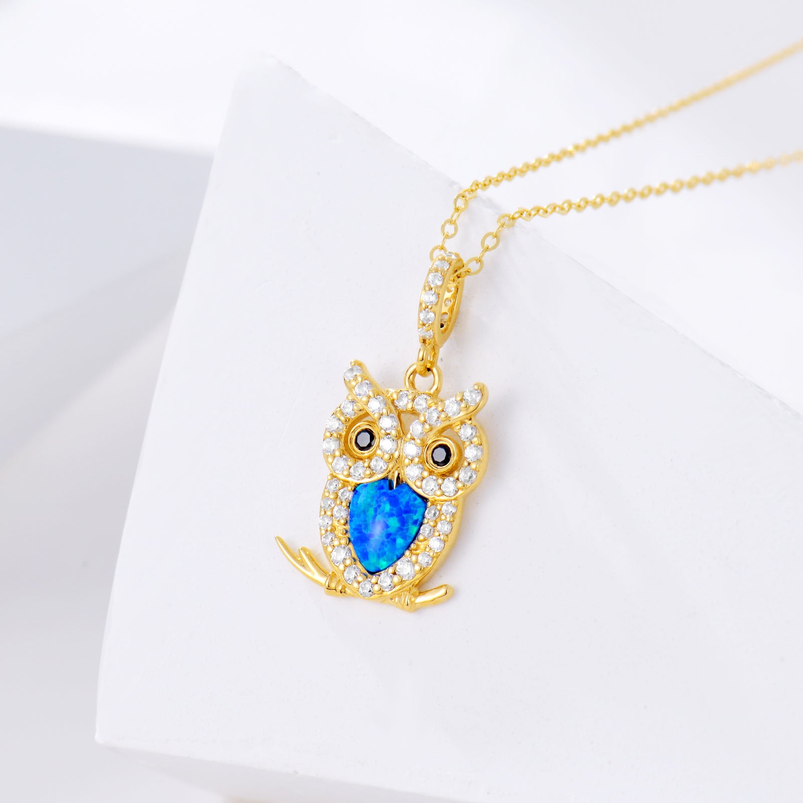 14K Gold Heart Shaped Opal Owl Pendant Necklace