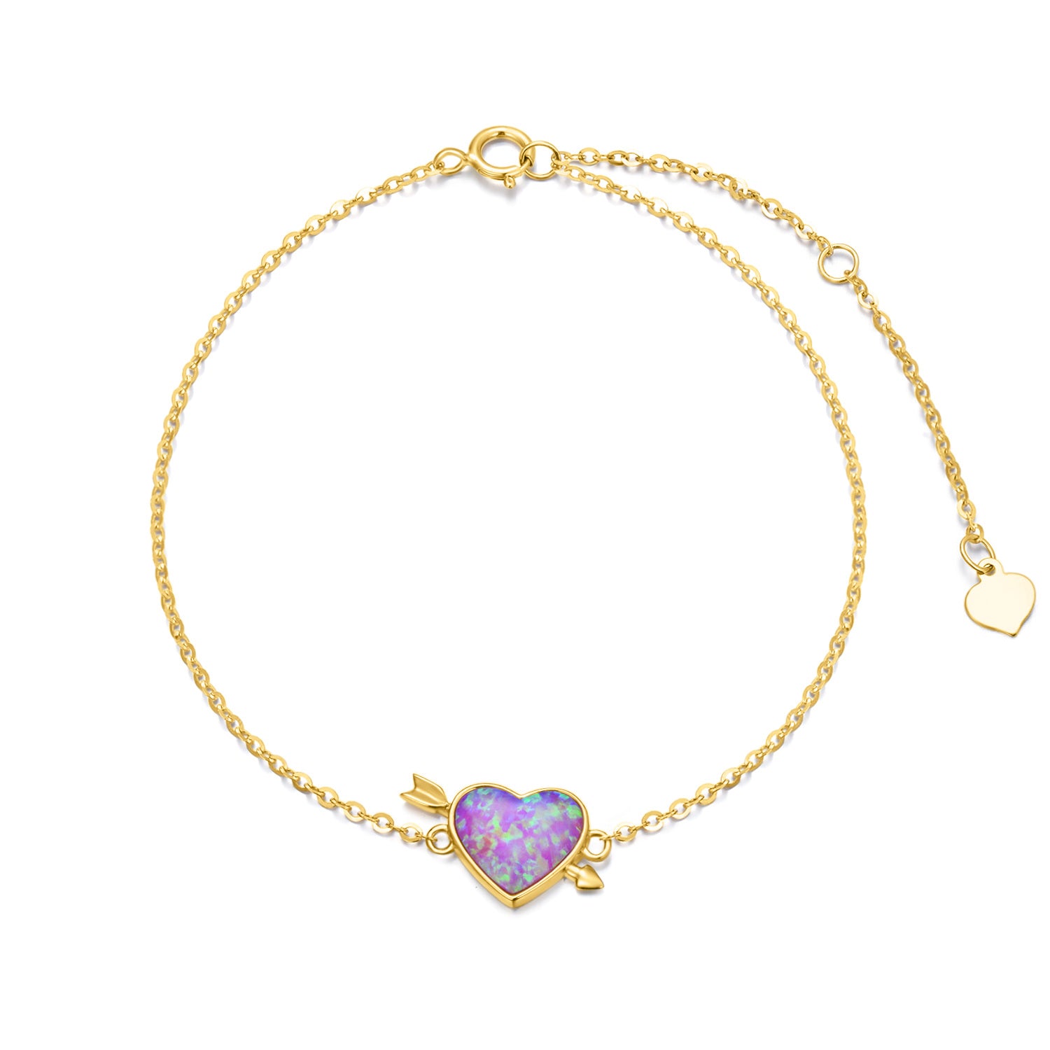 14K Gold Heart Opal Charm Bracelet For Women