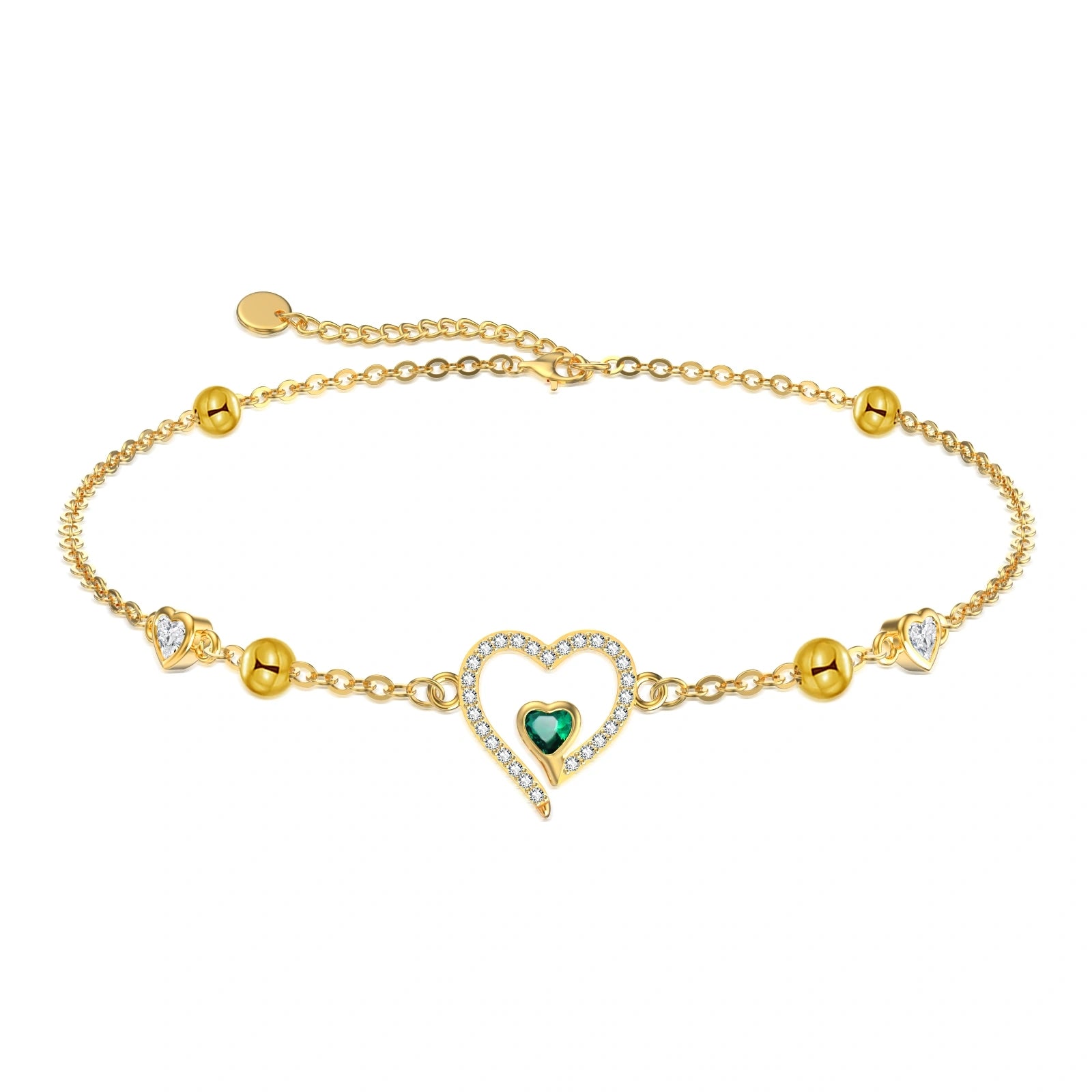 14K Yellow Gold Emerald Heart Cubic Zirconia Heart Charm Bracelet For Women