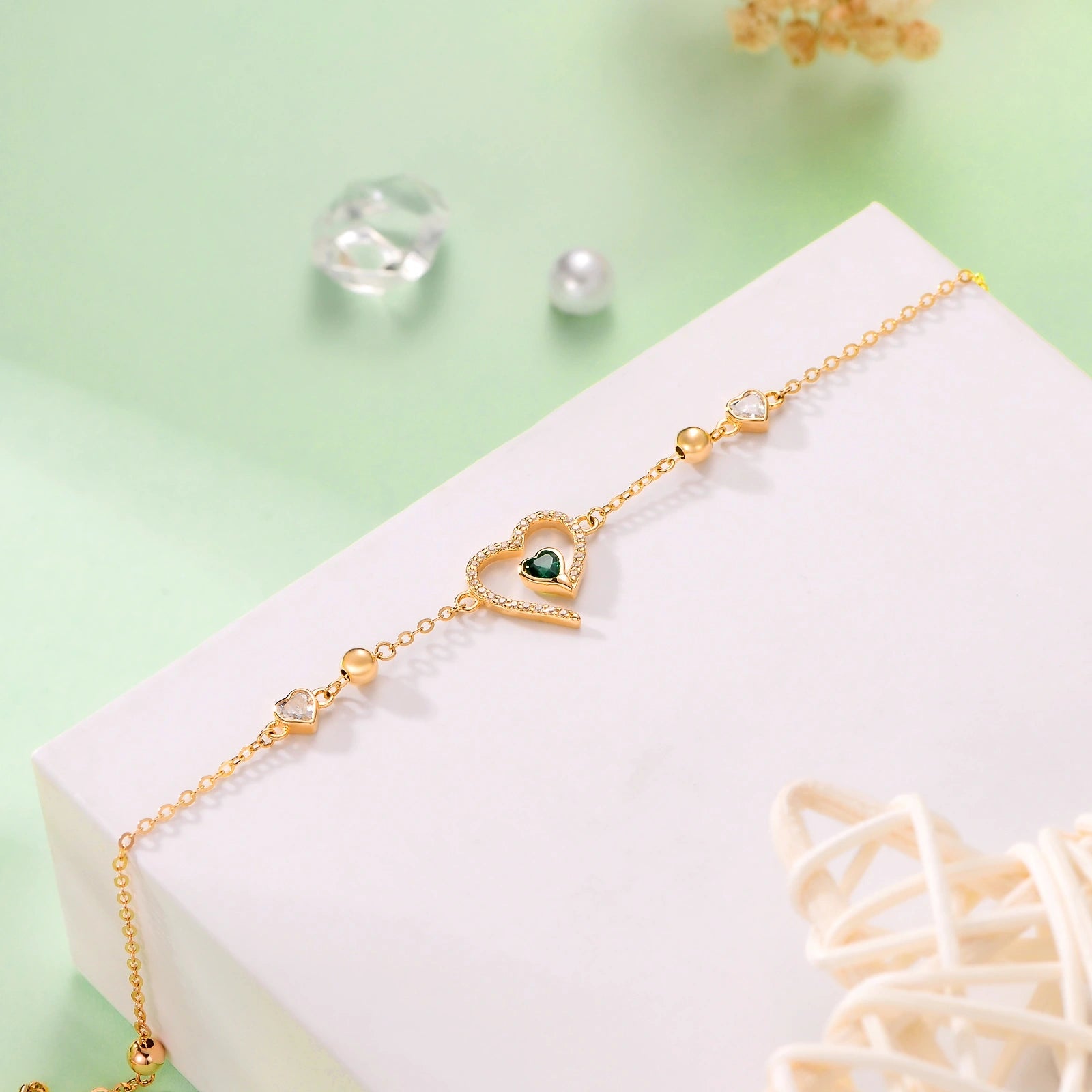 14K Yellow Gold Emerald Heart Cubic Zirconia Heart Charm Bracelet For Women