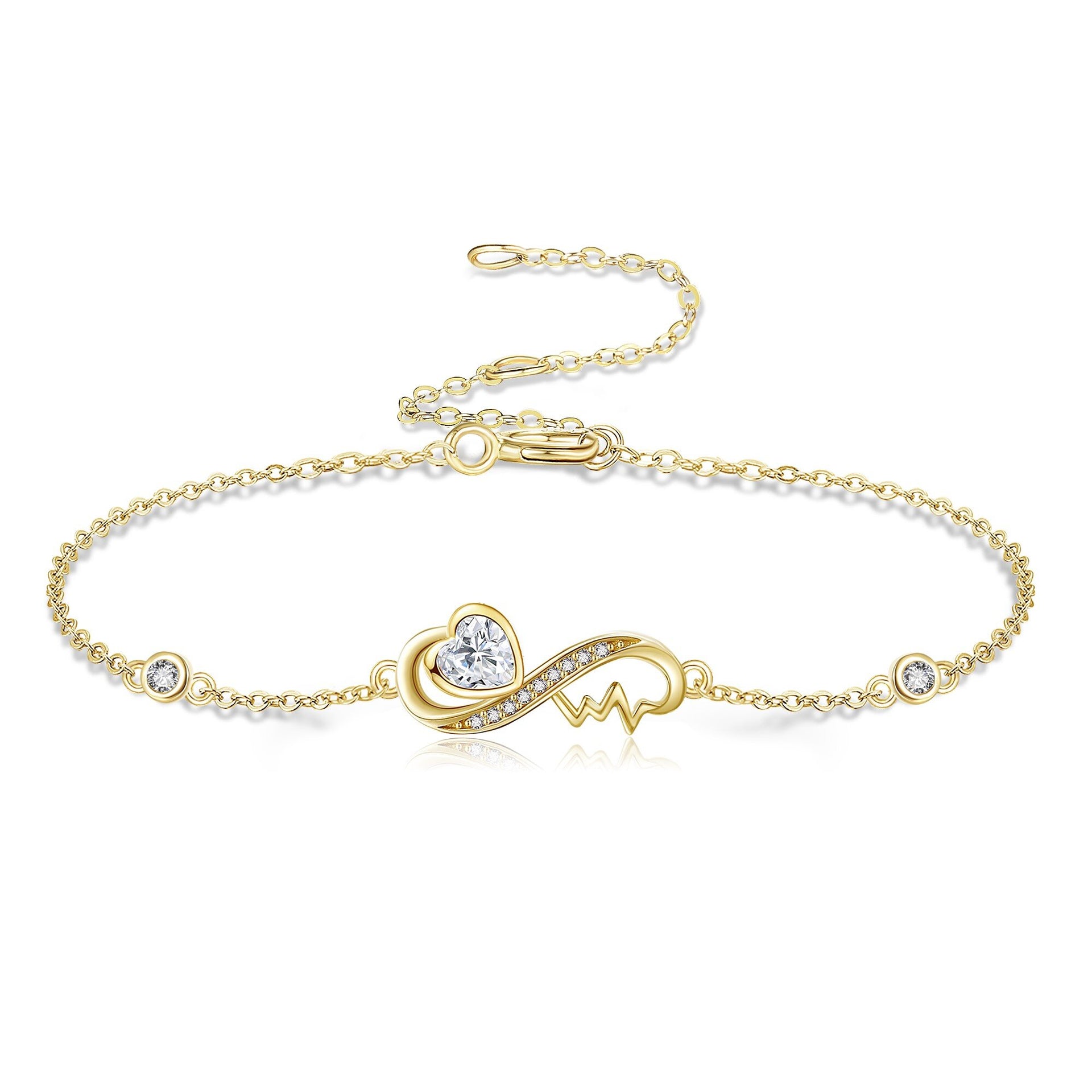 14K Gold Heart Cubic Zirconia Charm Bracelet For Women
