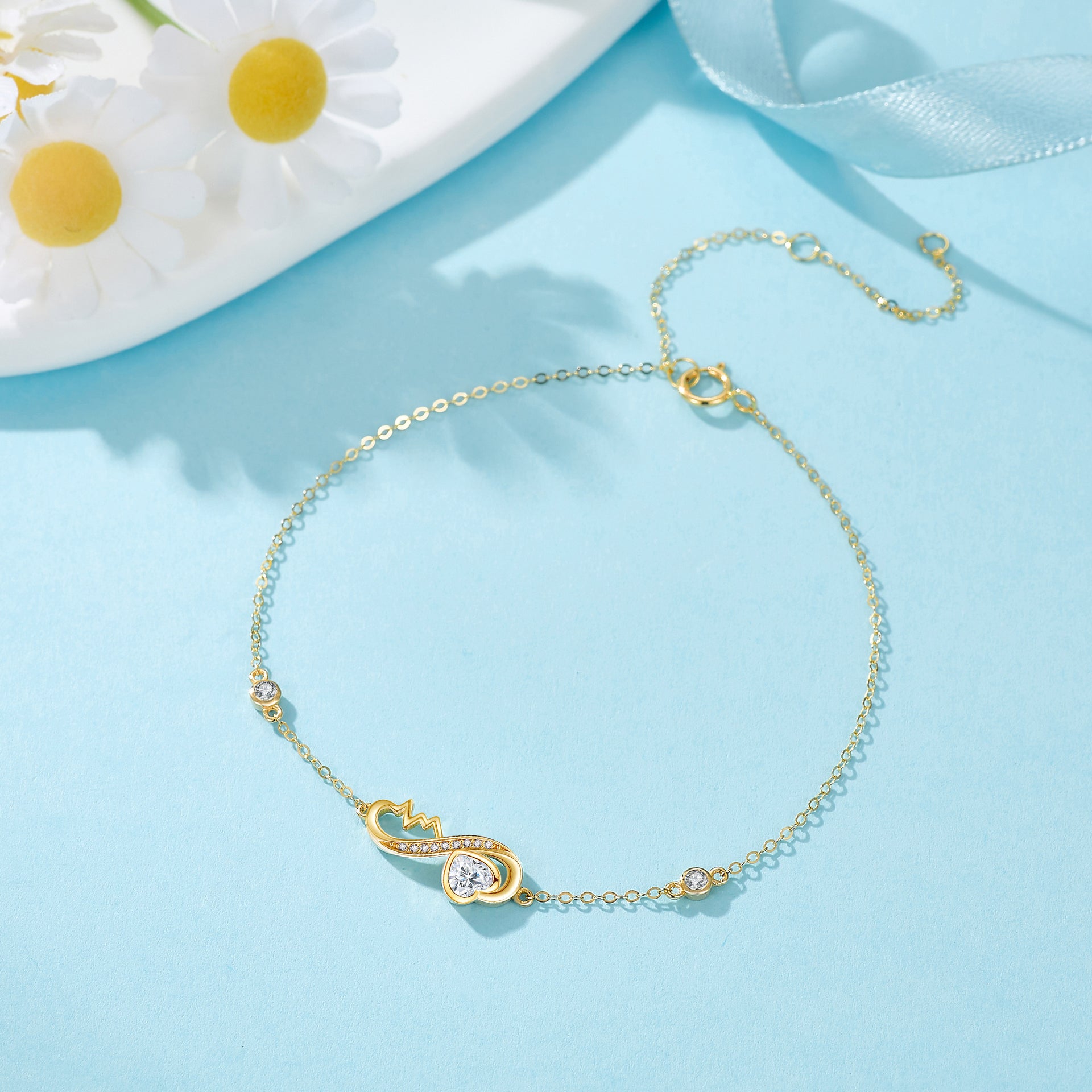 14K Gold Heart Cubic Zirconia Charm Bracelet For Women