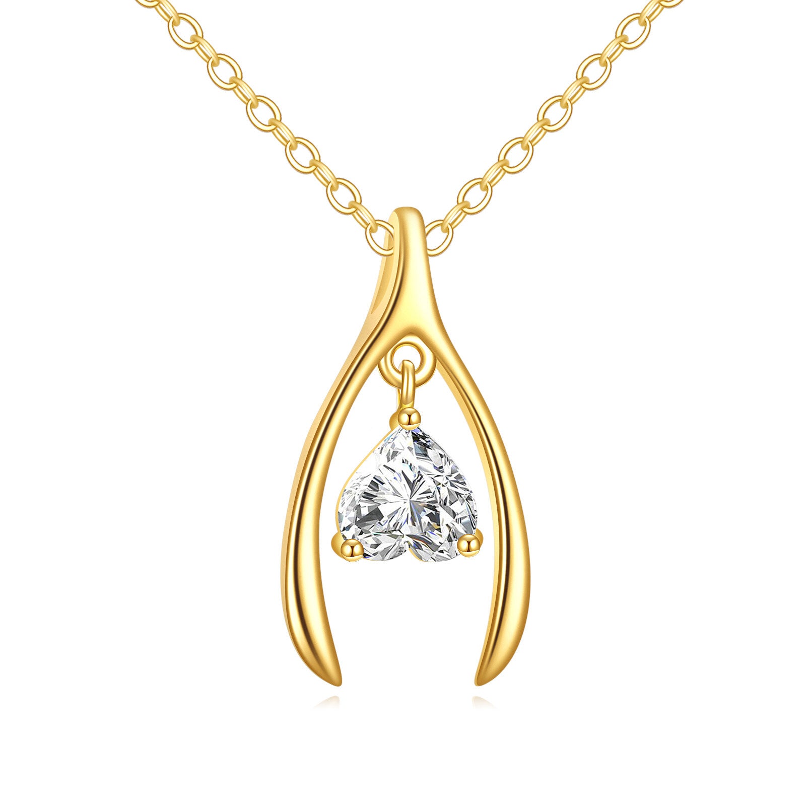 14K Yellow Gold Heart Cubic Zirconia Heart Pendant Necklace For Women