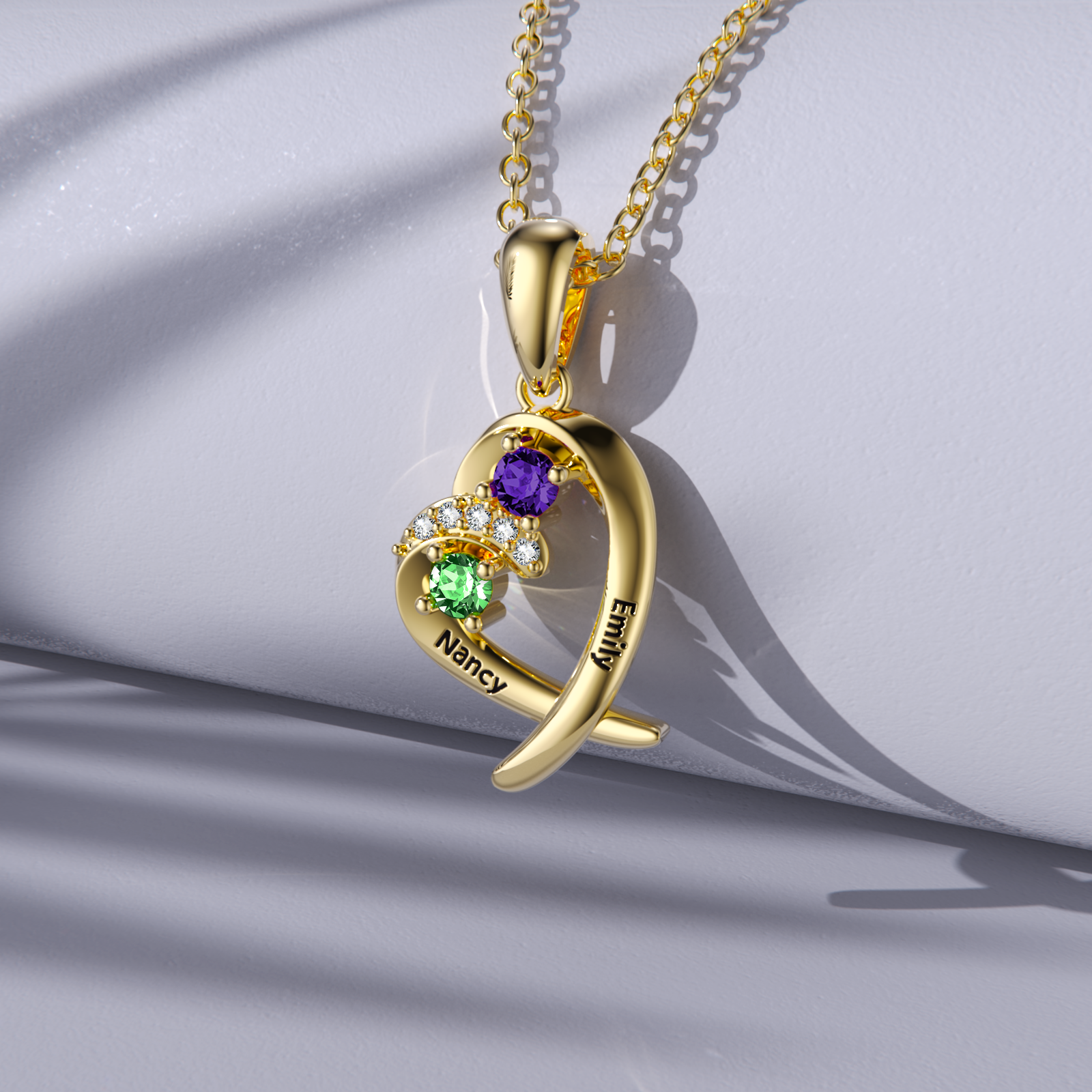 14K Gold Heart Shaped Cubic Zirconia Personalized Birthstone Pendant Necklace