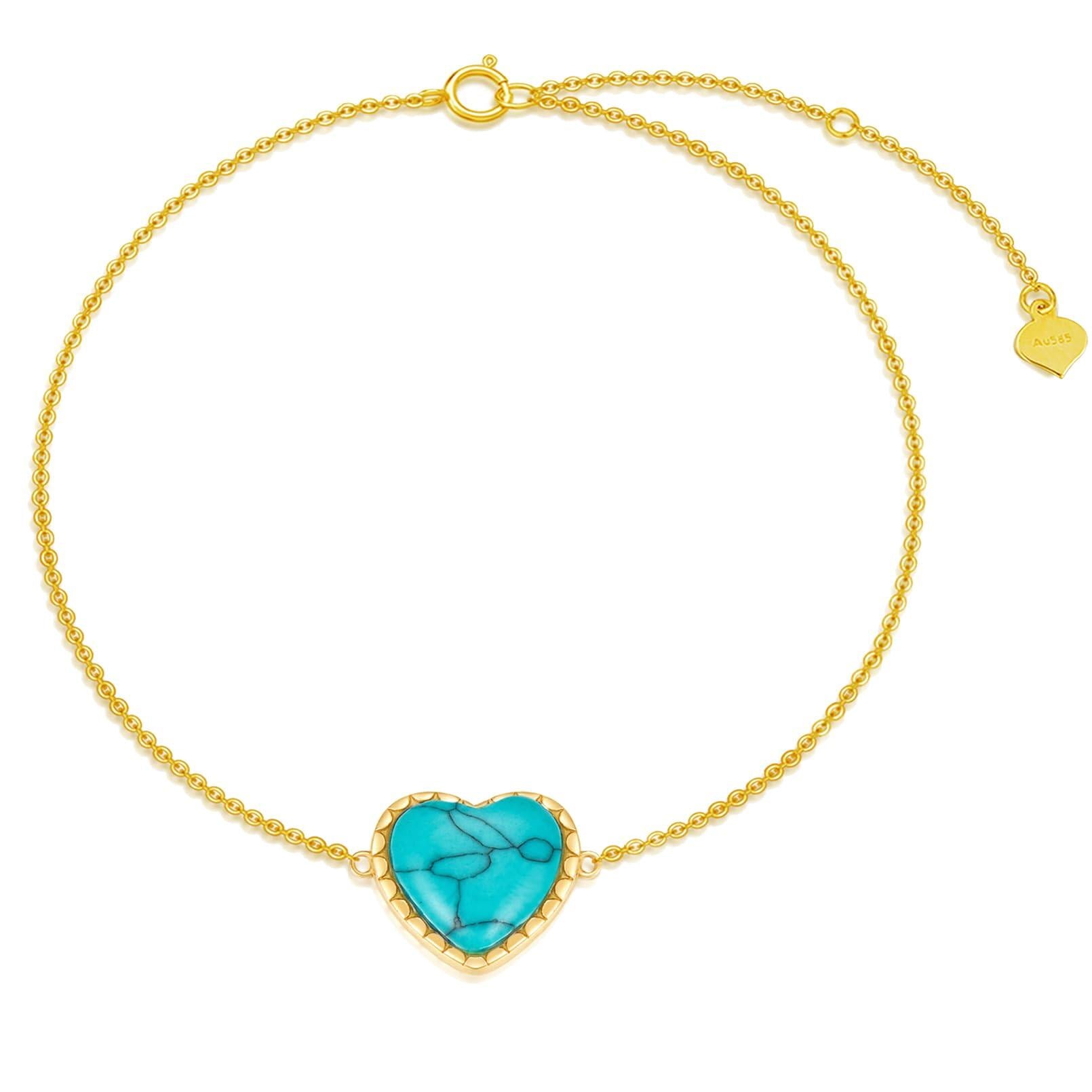 14K Gold Heart Turquoise Charm Bracelet For Women