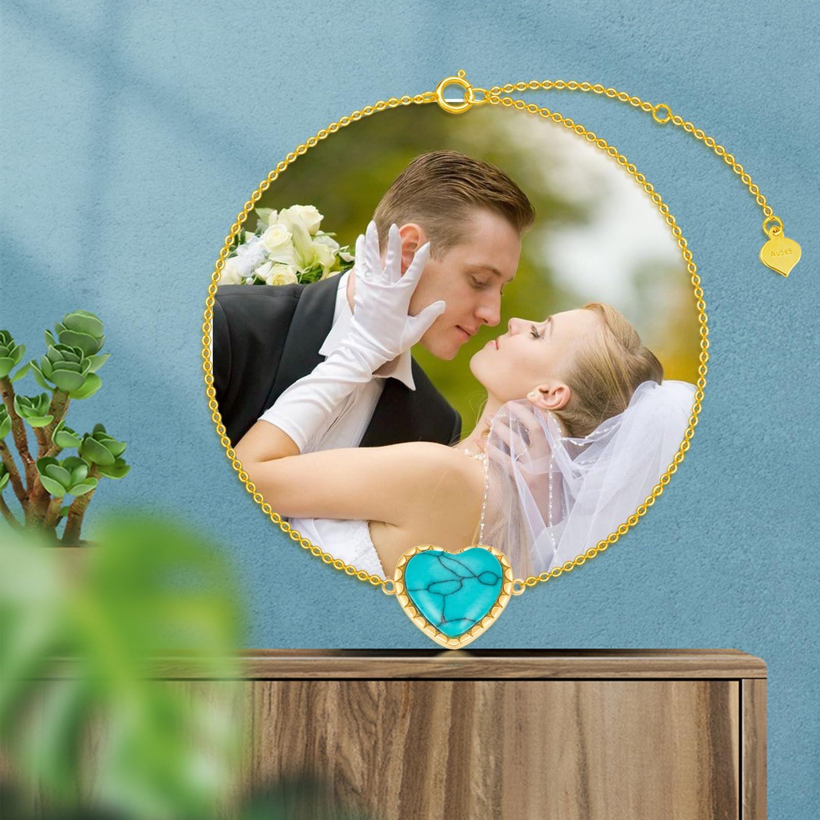 14K Gold Heart Turquoise Charm Bracelet For Women