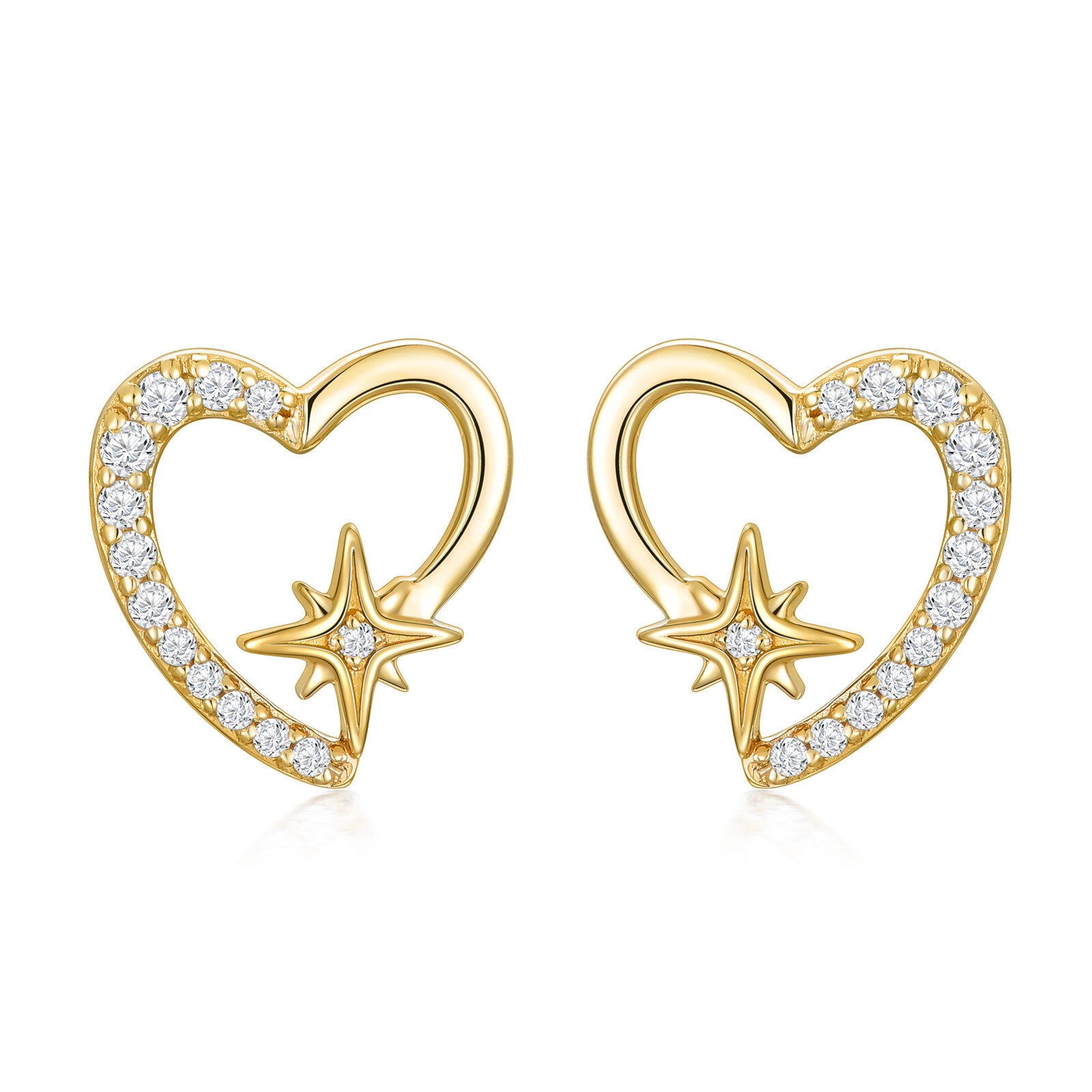14K Gold Cubic Zirconia Heart & Star Stud Earrings