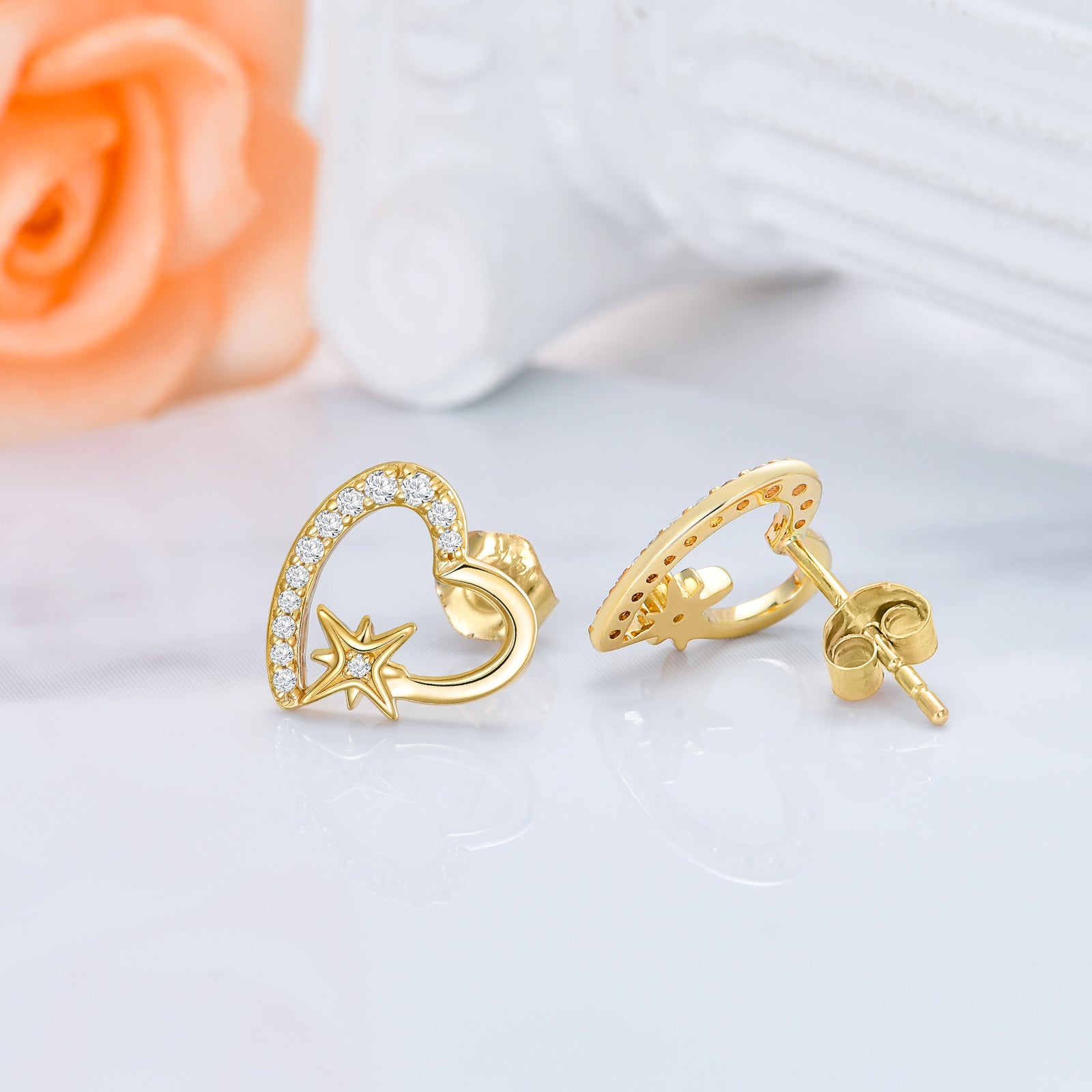 14K Gold Cubic Zirconia Heart & Star Stud Earrings